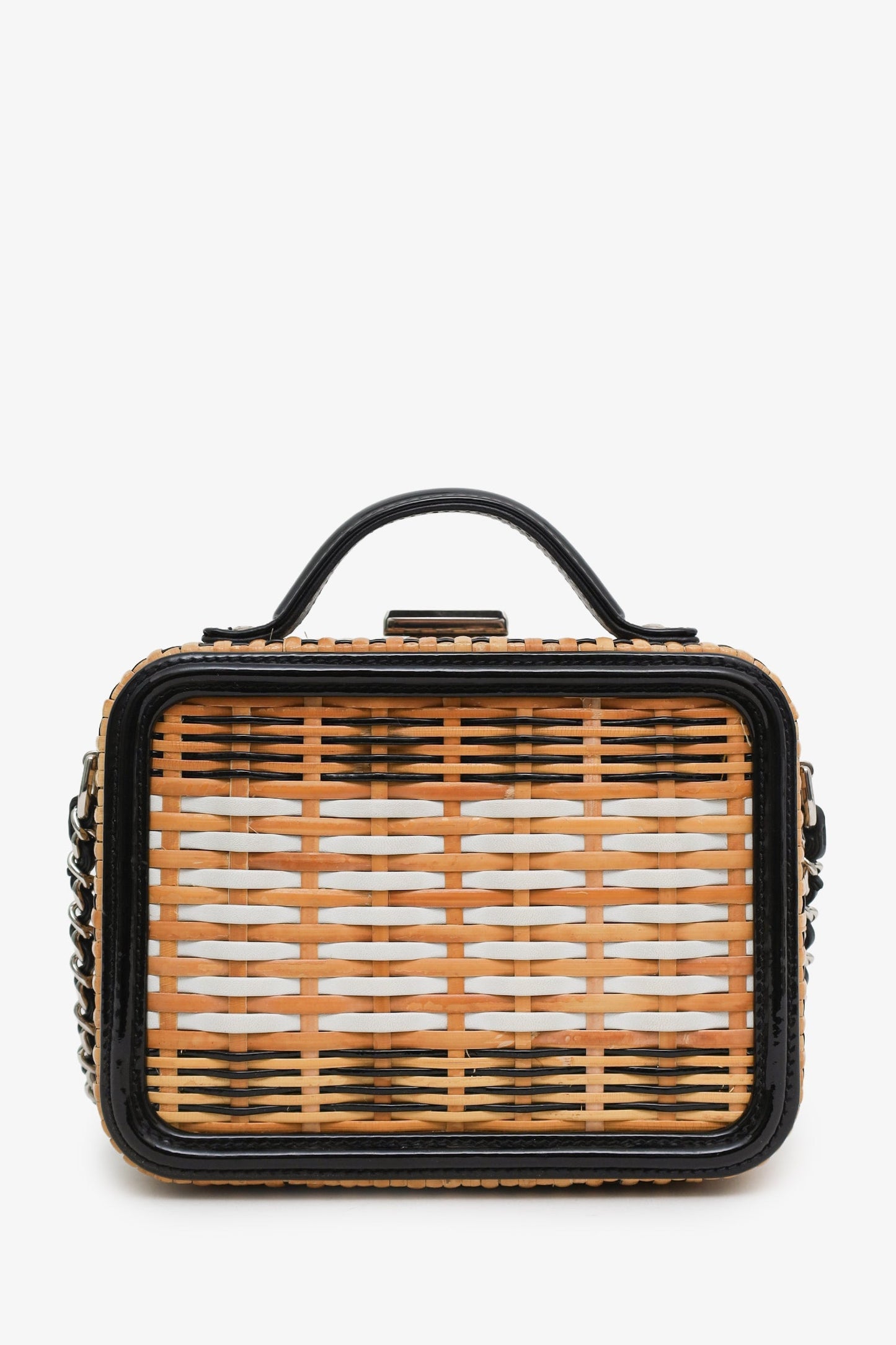 Chanel™ 2019 Black/Beige Raffia Patent Small CC Filigree Vanity Case