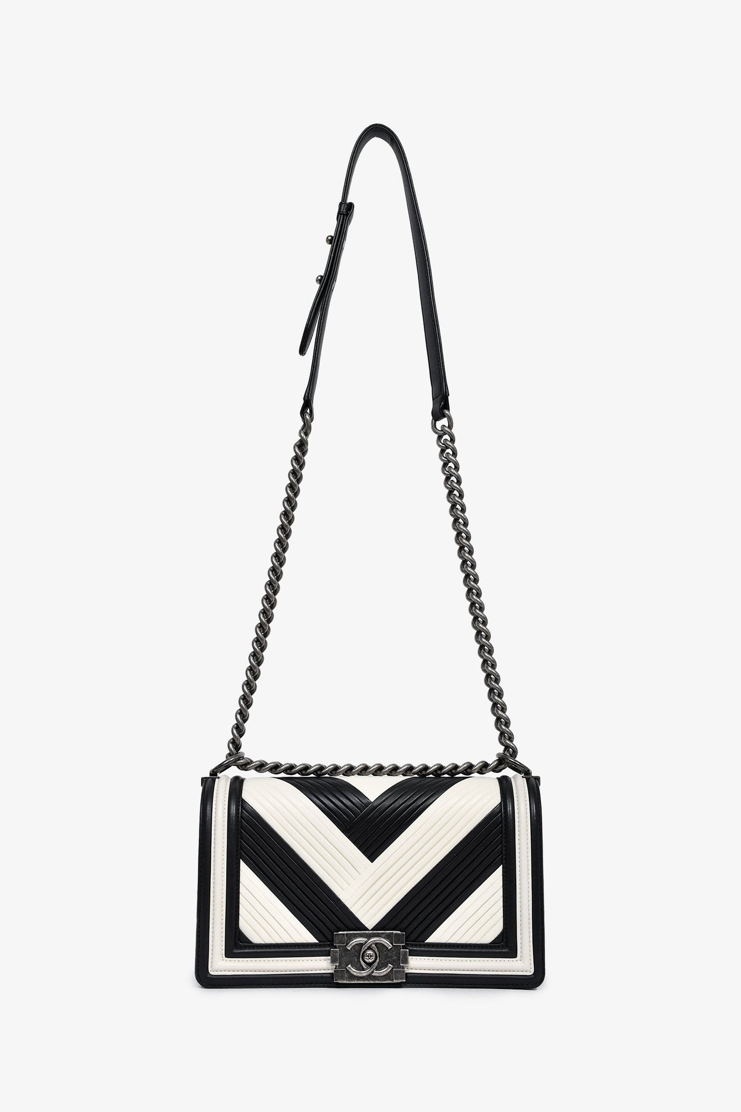 Chanel™ 2016-17 White/Black Leather Chevron Medium Boy Shoulder Bag