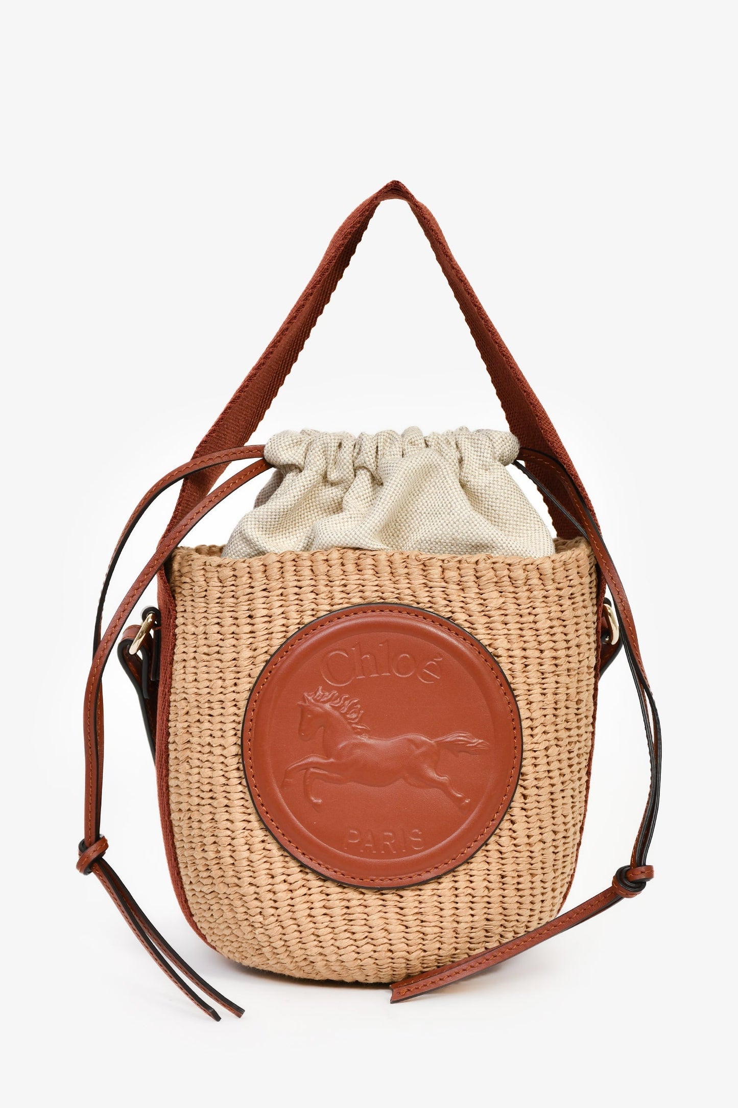 Chloe Brown Straw Leather Horse Medal Crossbody Bucket Bag