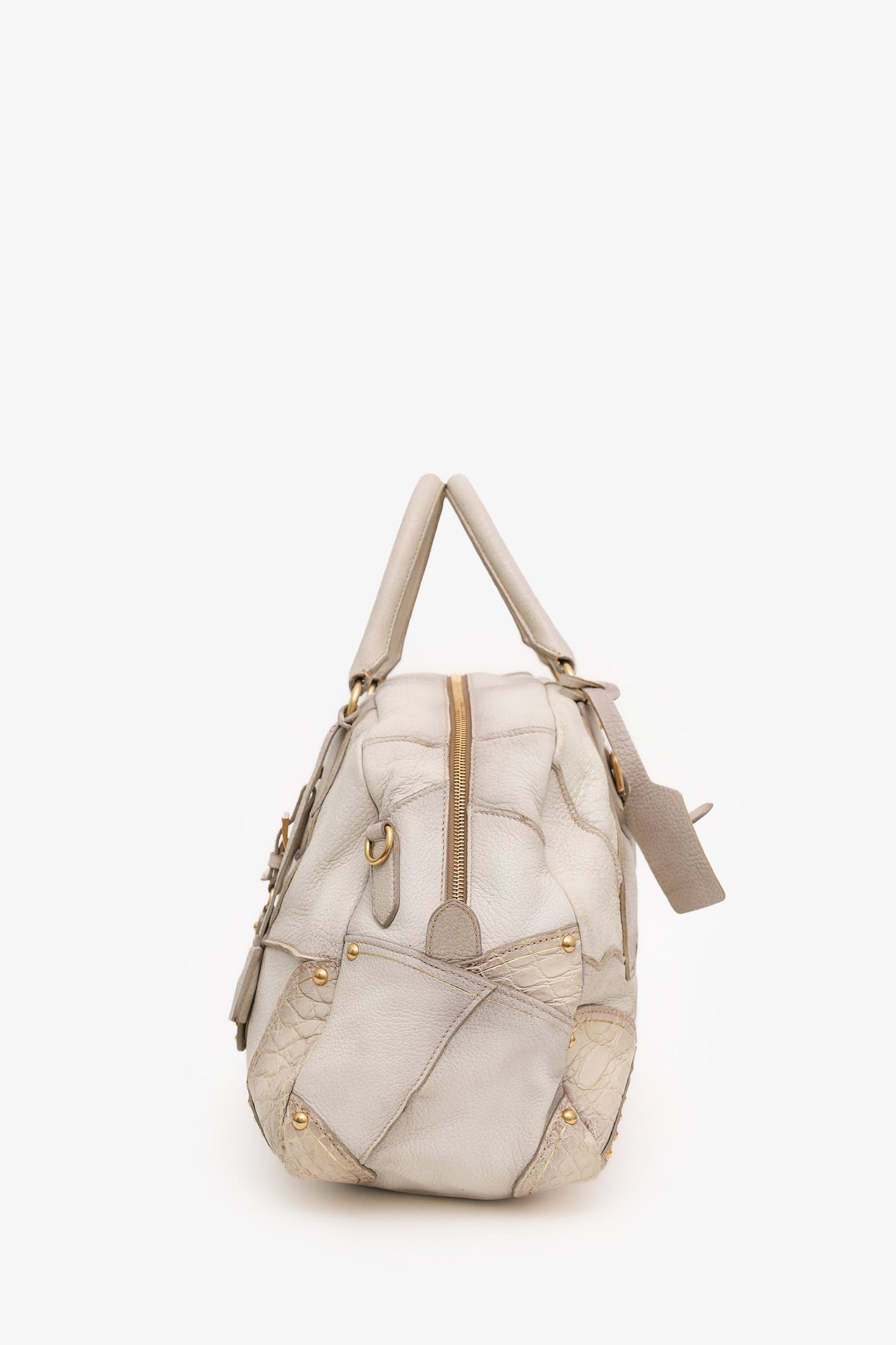 Prada White Ombre Deerskin Leather Croc and Lizard Patchwork Bowler Bag