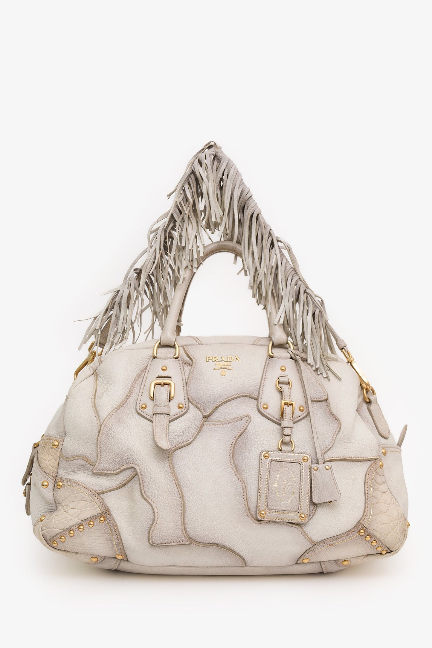 Prada White Ombre Deerskin Leather Croc and Lizard Patchwork Bowler Bag