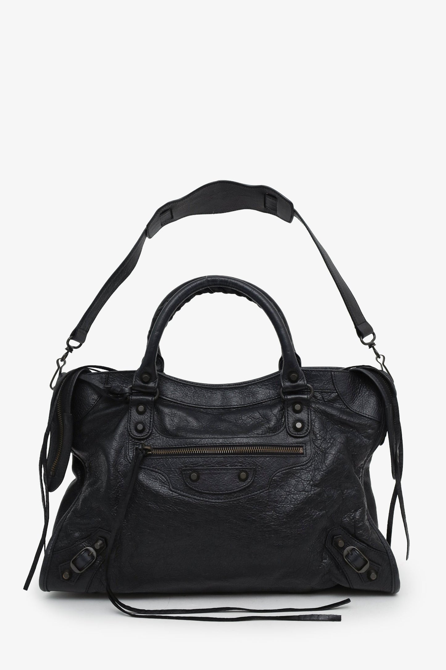 Balenciaga Black Leather Classic Motocross Small City Bag with Strap
