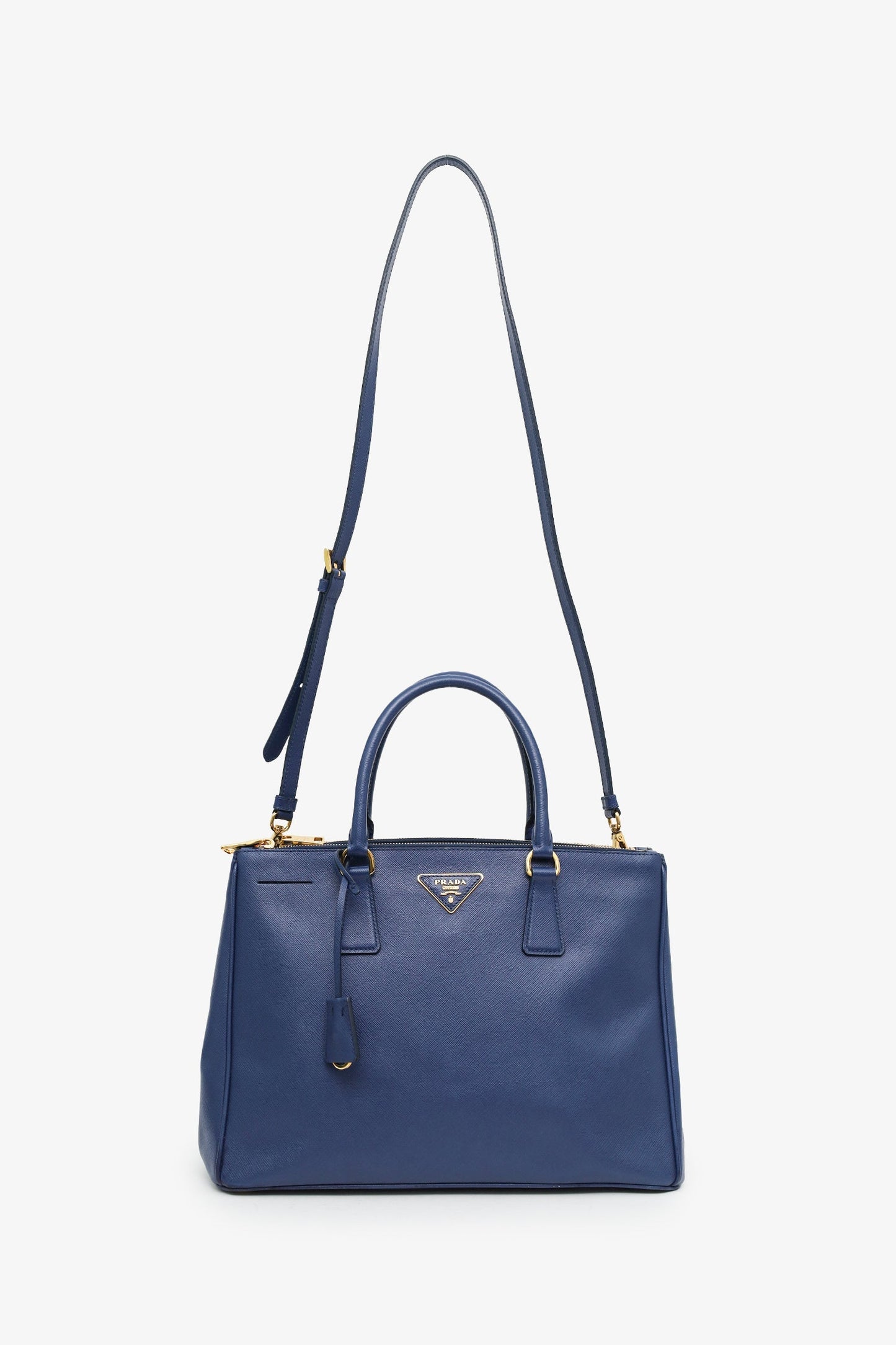 Prada Navy Saffiano Double Zip Medium Galleria Tote with Strap