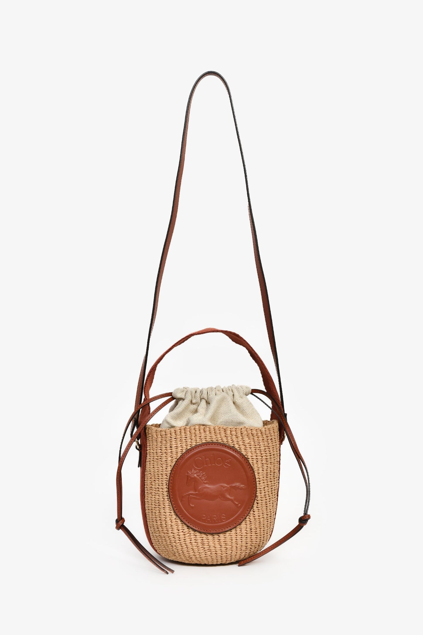 Chloe Brown Straw Leather Horse Medal Crossbody Bucket Bag
