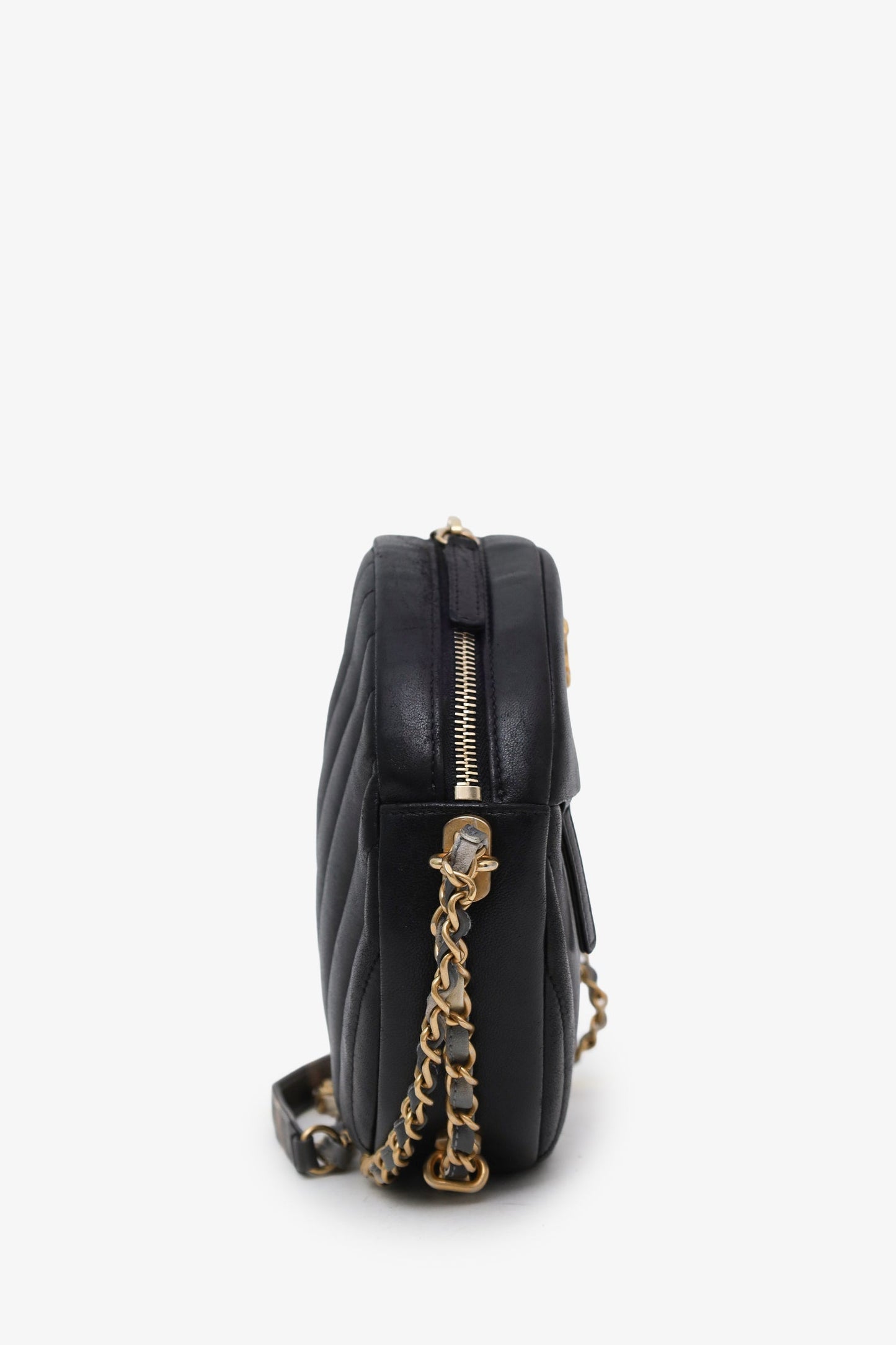 Chanel™ 2018 Black Chevron Leather Round As Earth Crossbody Bag
