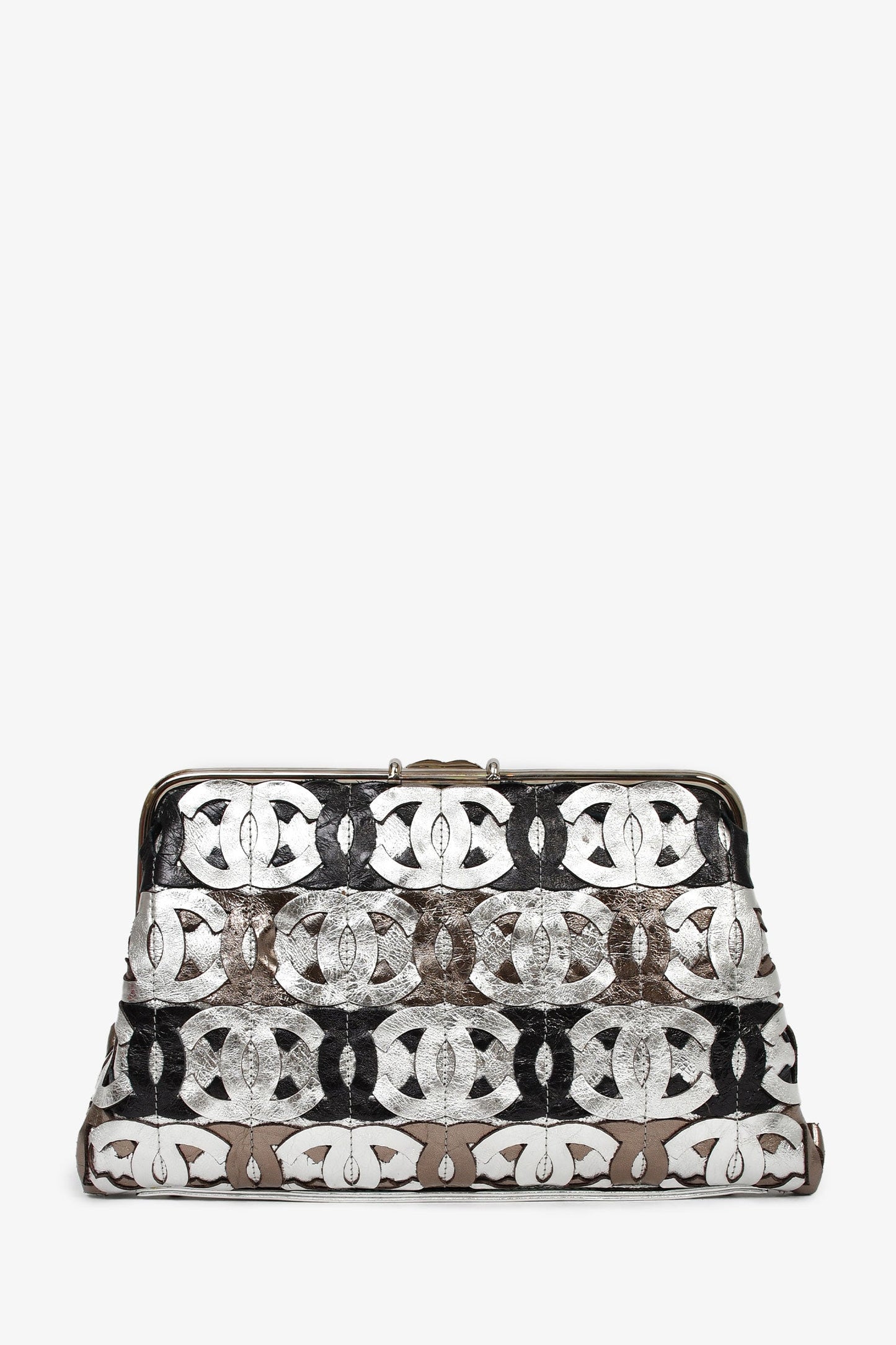 Chanel™ 2008-09 Silver/Black Leather Metallic CC Mixed Frame Clutch
