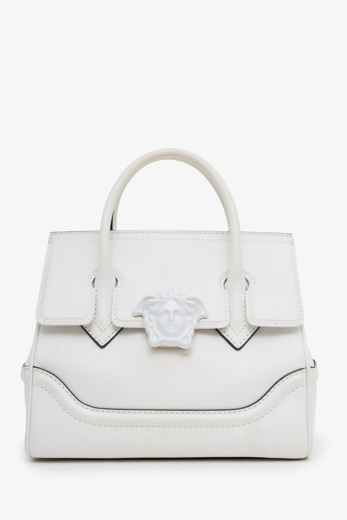 Versace White Leather Palazzo Empire Medusa Top Handle Purse with Strap