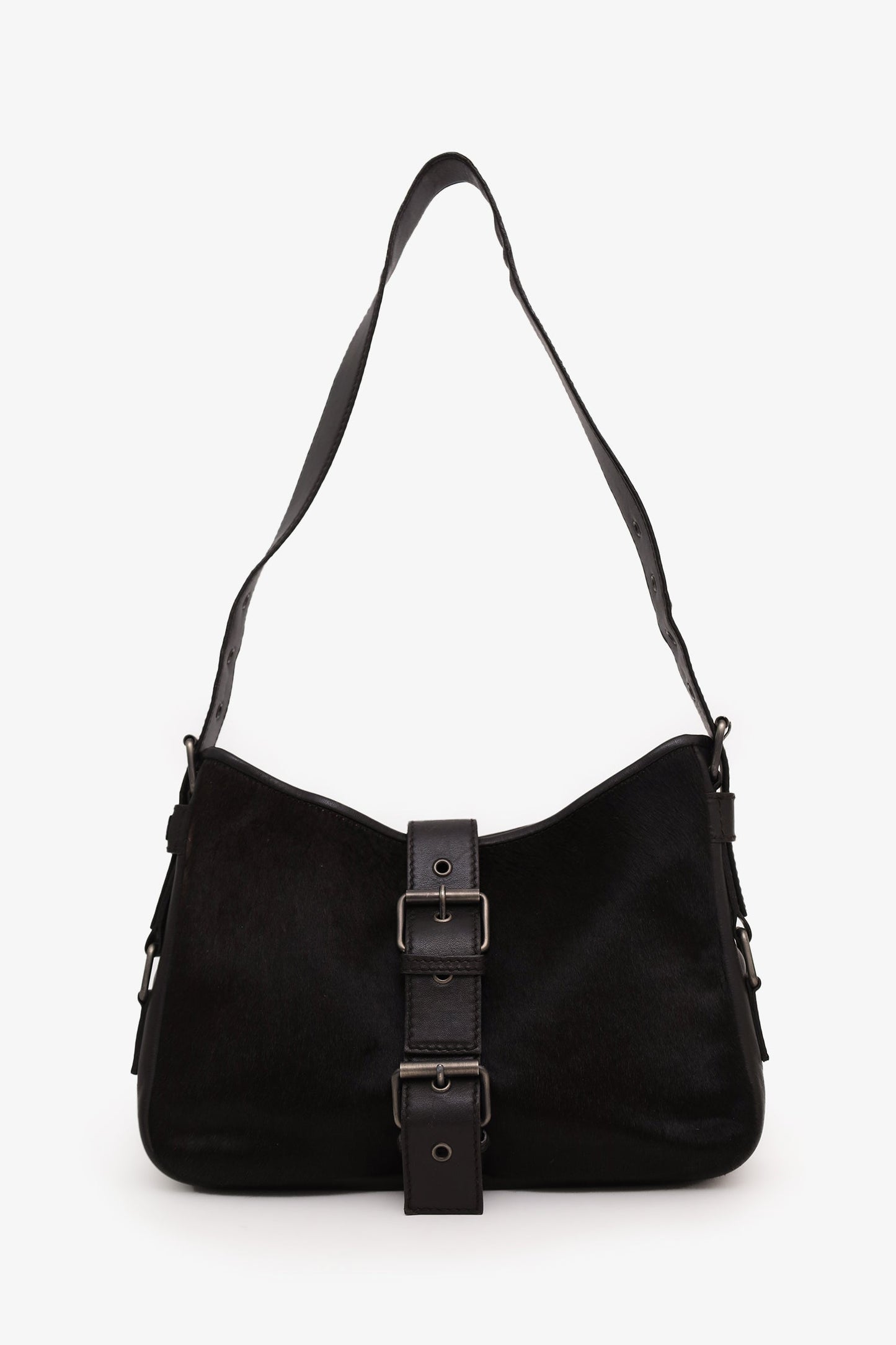 Saint Laurent Black Pony Hair Leather Buckle Shoulder Bag