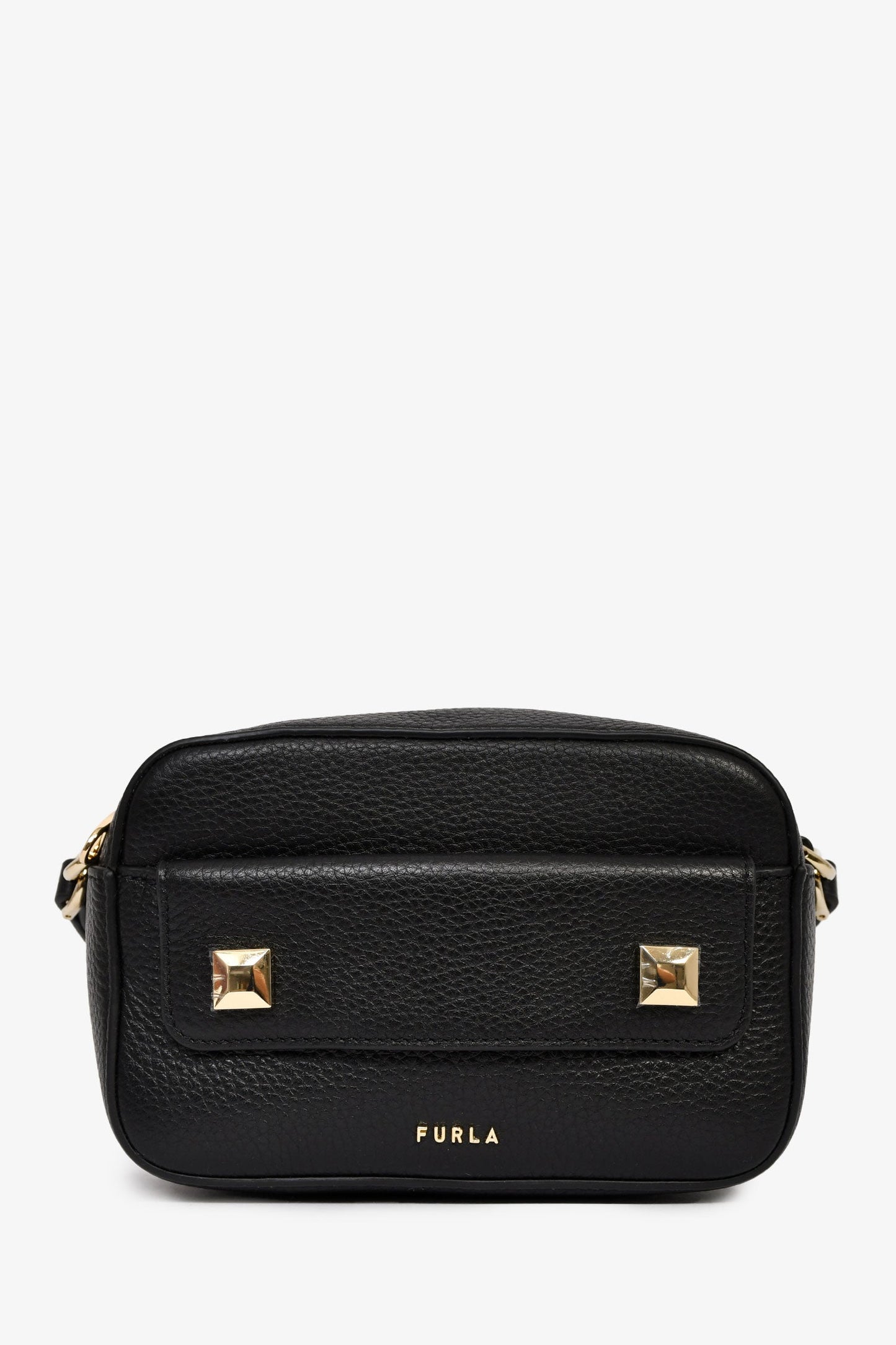 Furla Black Grained Leather Stud Camera Crossbody Bag