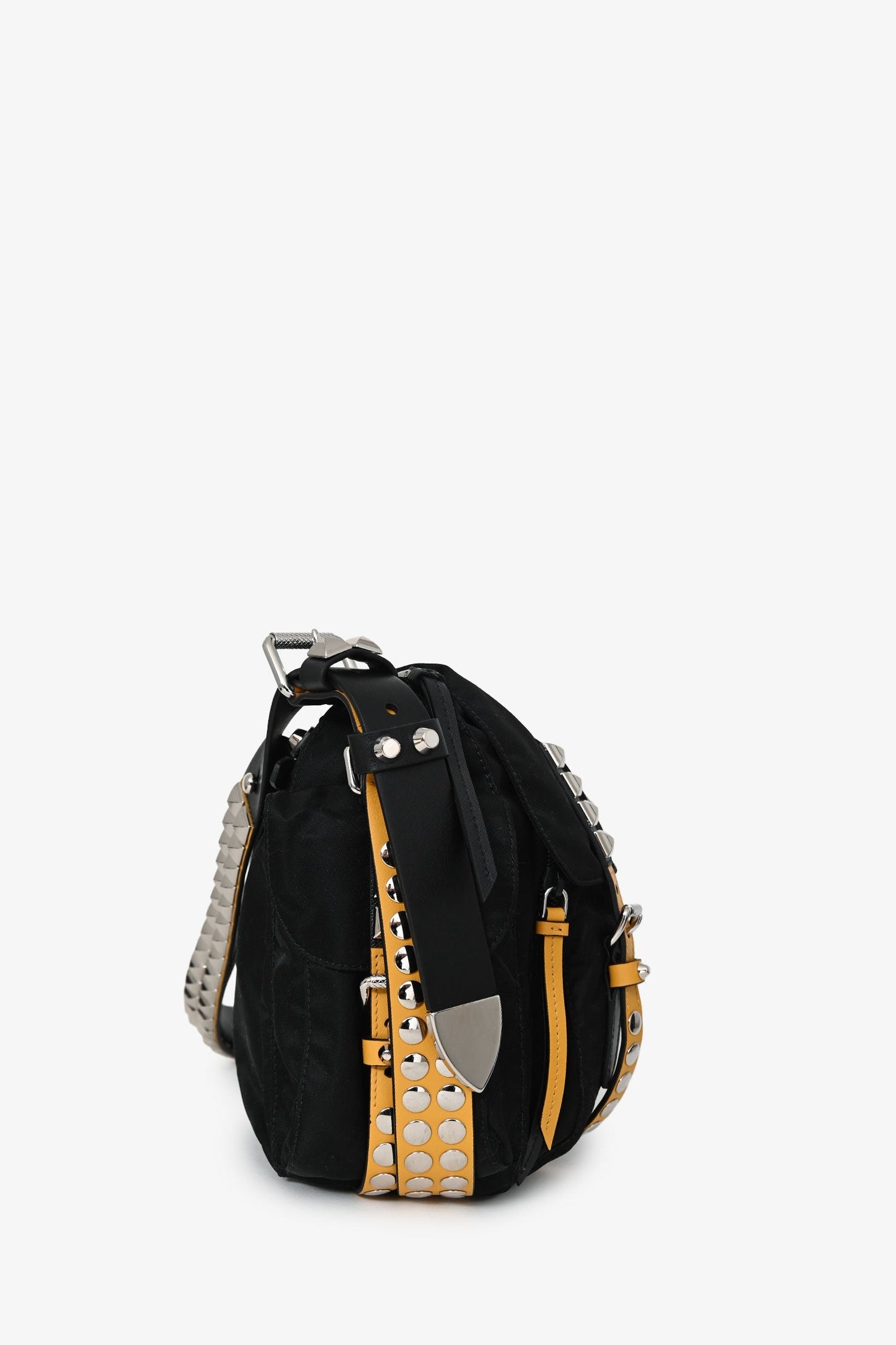 Prada Black Nylon Yellow Leather Studded Messenger Bag