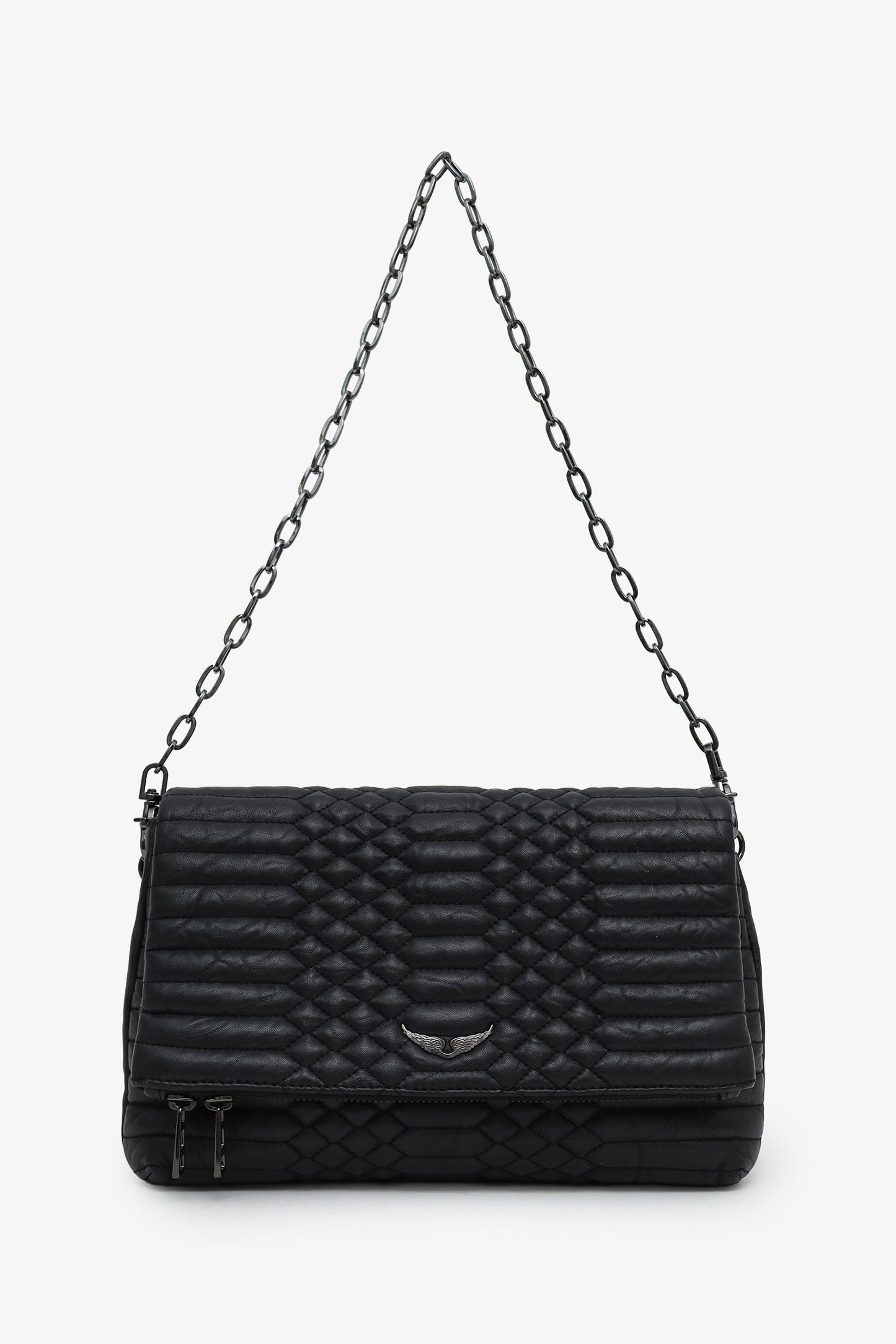Zadig & Voltaire Black Quilted Leather Rocky Mat Clutch with Chain