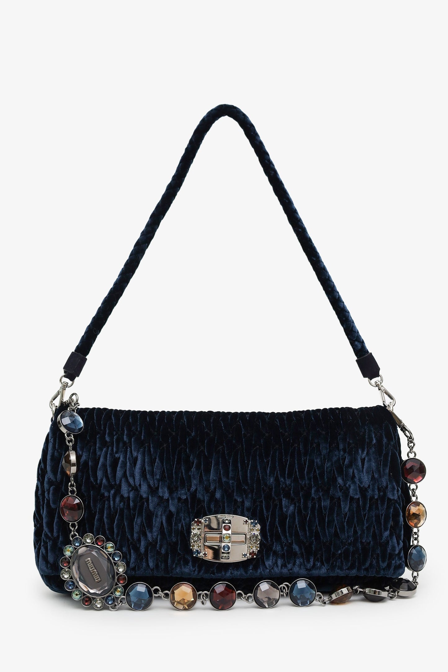 Miu Miu Navy Velvet Matelasse Crystal Flap Shoulder Bag With Strap