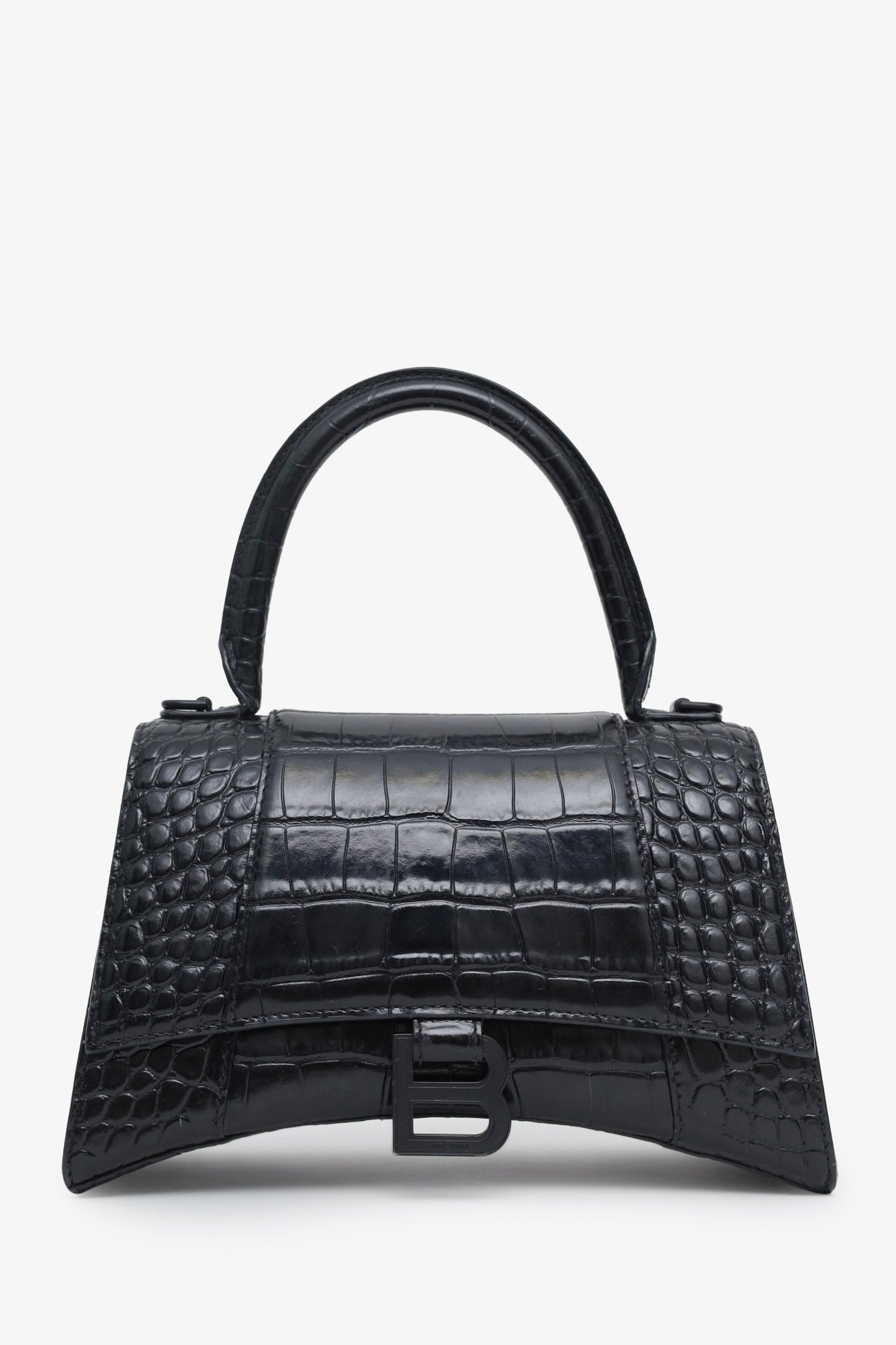 Balenciaga Black Croc Embossed Small Hourglass Top Handle Bag With Strap