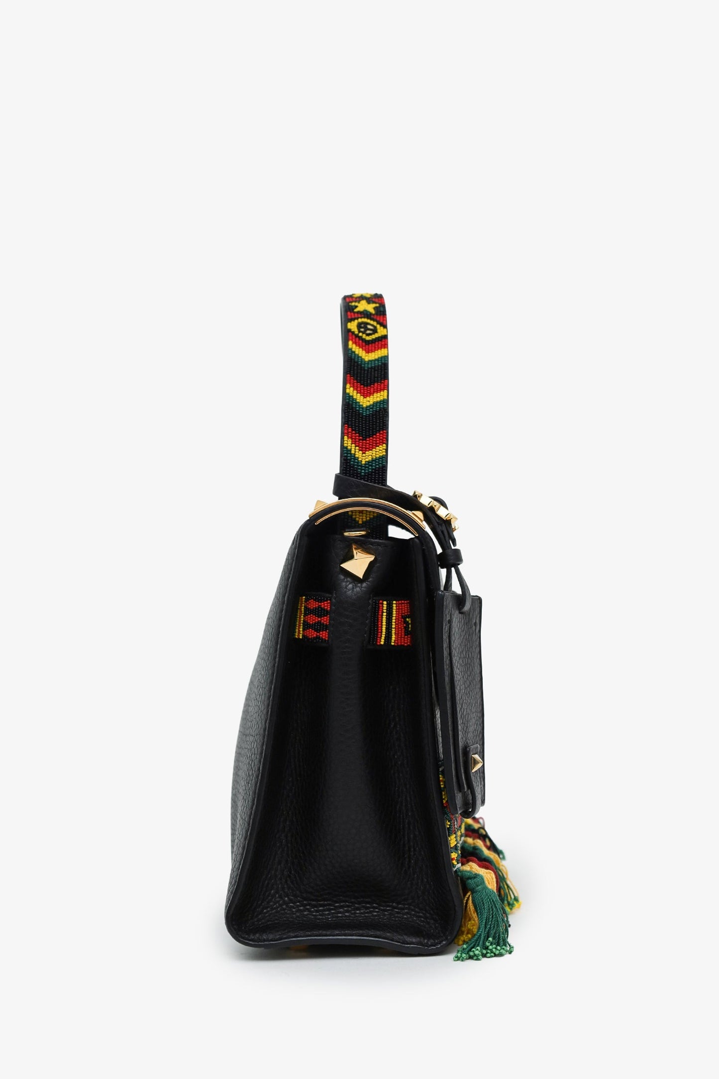 Valentino Black Leather Small Beads Embellished Rockstud Rolling Top Handle Bag