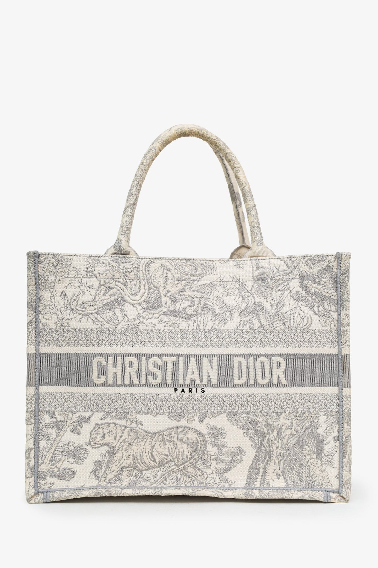 Christian Dior 2020 Grey Canvas Toile de Jouy Embroidered Medium Book Tote