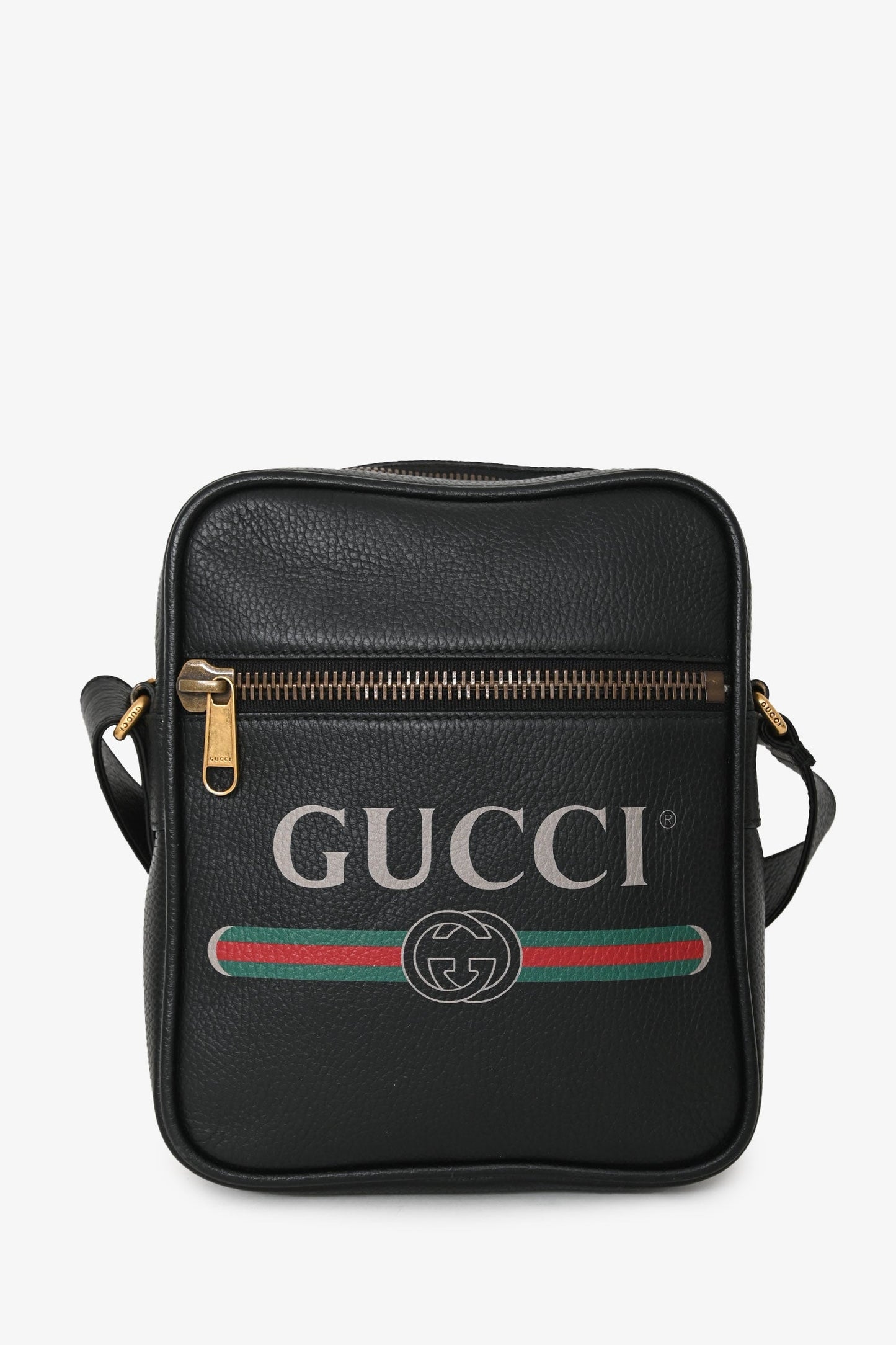 Gucci Black Leather Web Logo Print Messenger Bag