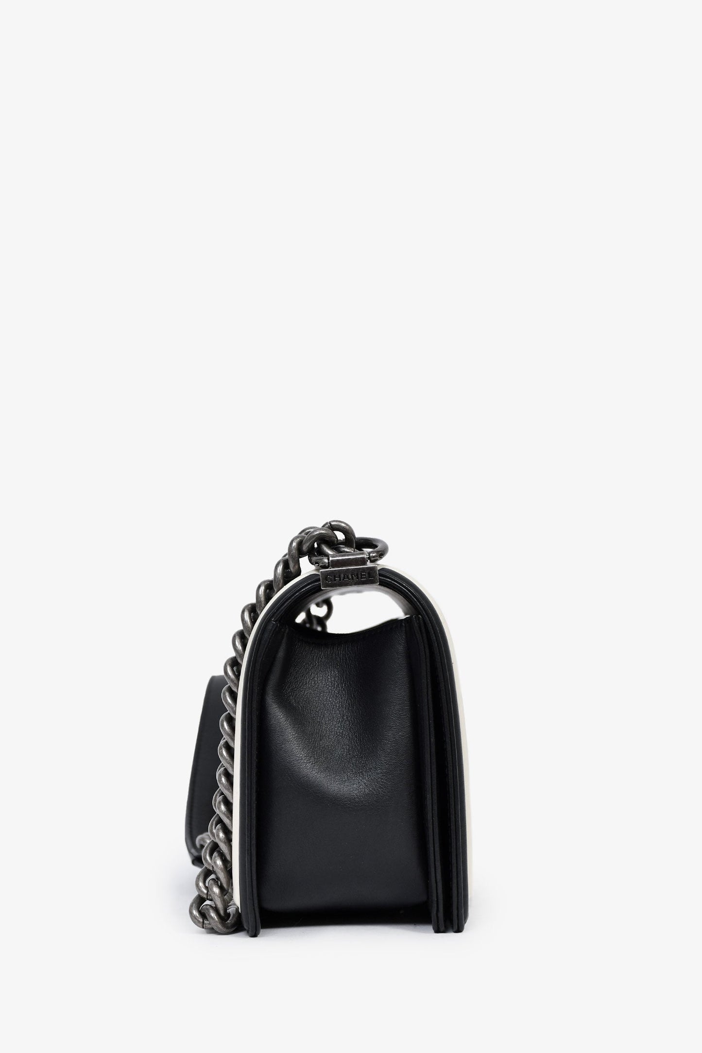 Chanel™ 2016-17 White/Black Leather Chevron Medium Boy Shoulder Bag