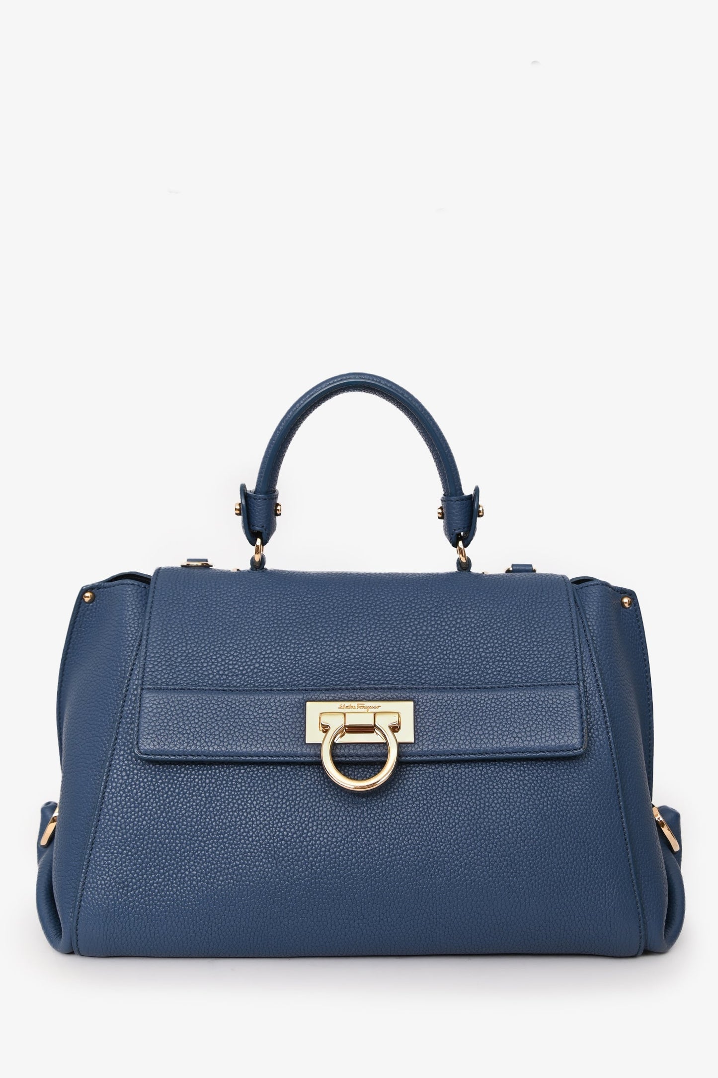 Salvatore Ferragamo Blue Grained Leather Sofia Top Handle With Strap