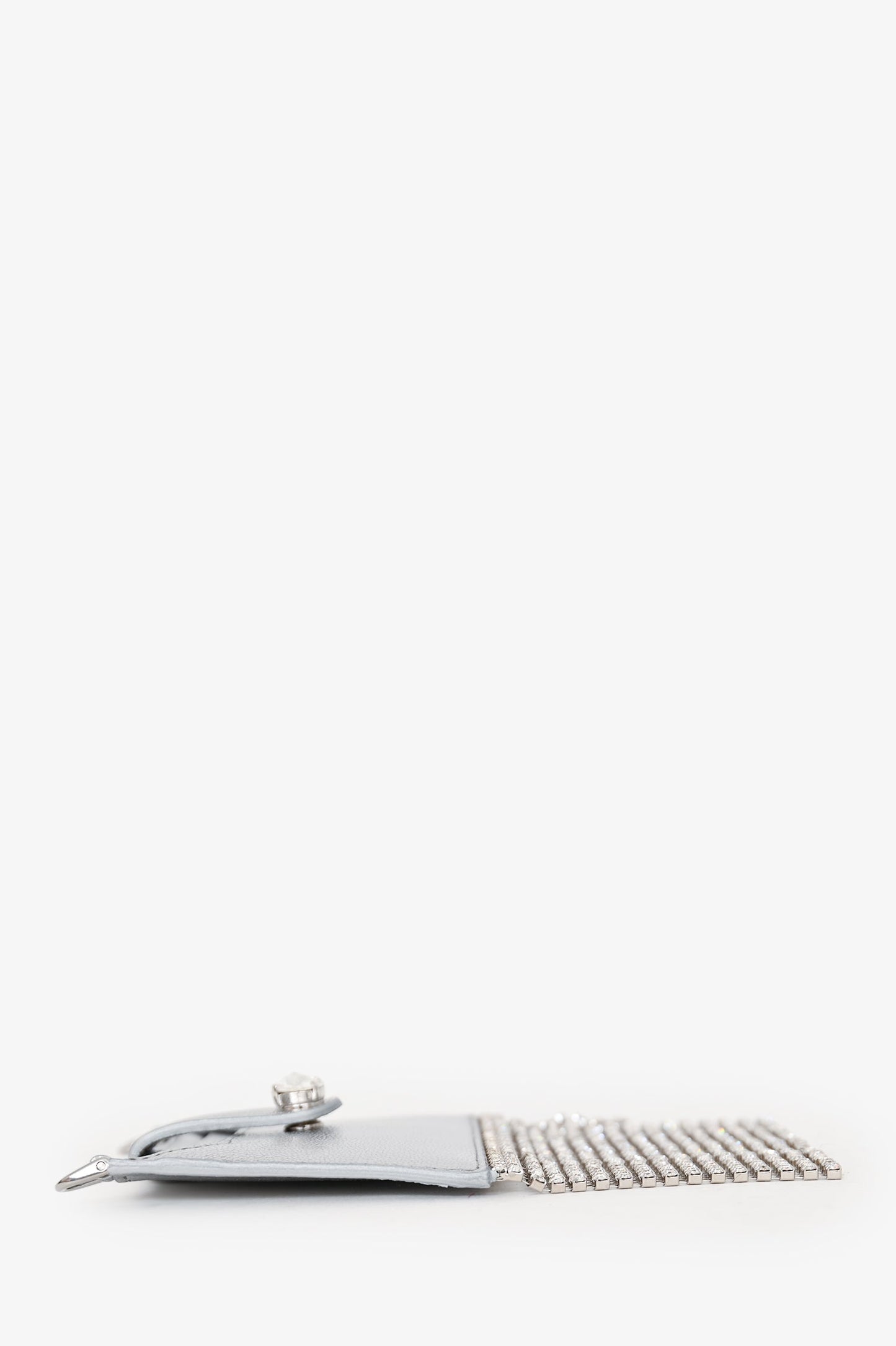Miu Miu Silver Metallic Leather Crystal Embellished Fringe Card Hold with Chain