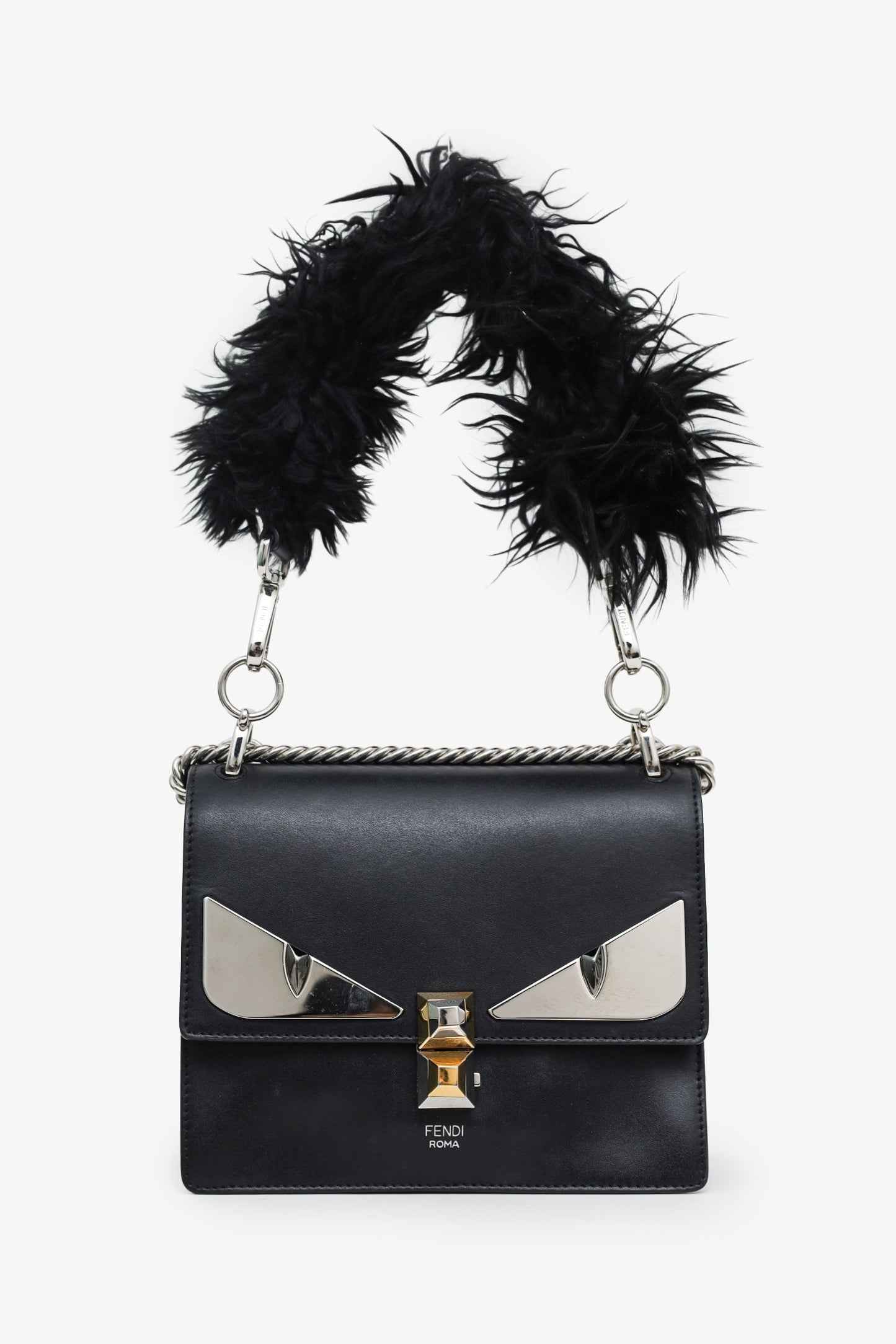 Fendi Black Leather Monster Kan I Shoulder Bag with Fur Handle
