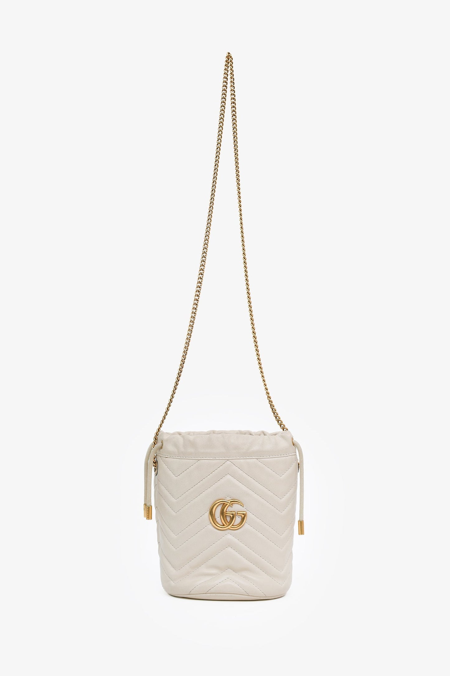 Gucci White Leather Chevron Quilted Mini Marmont Bucket Bag