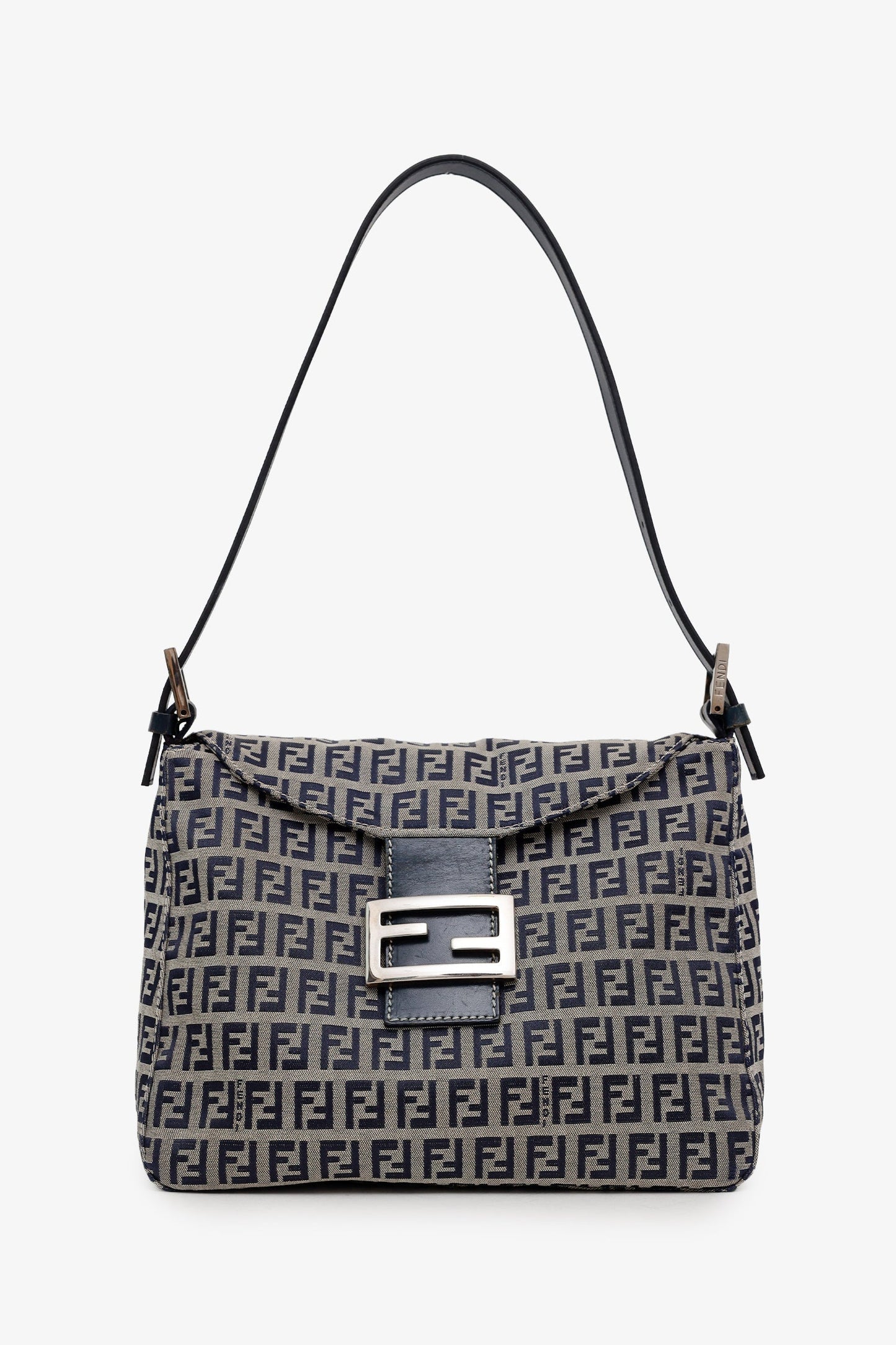 Fendi Navy/Beige FF Zucca Canvas Square Baguette Flap Shoulder Bag