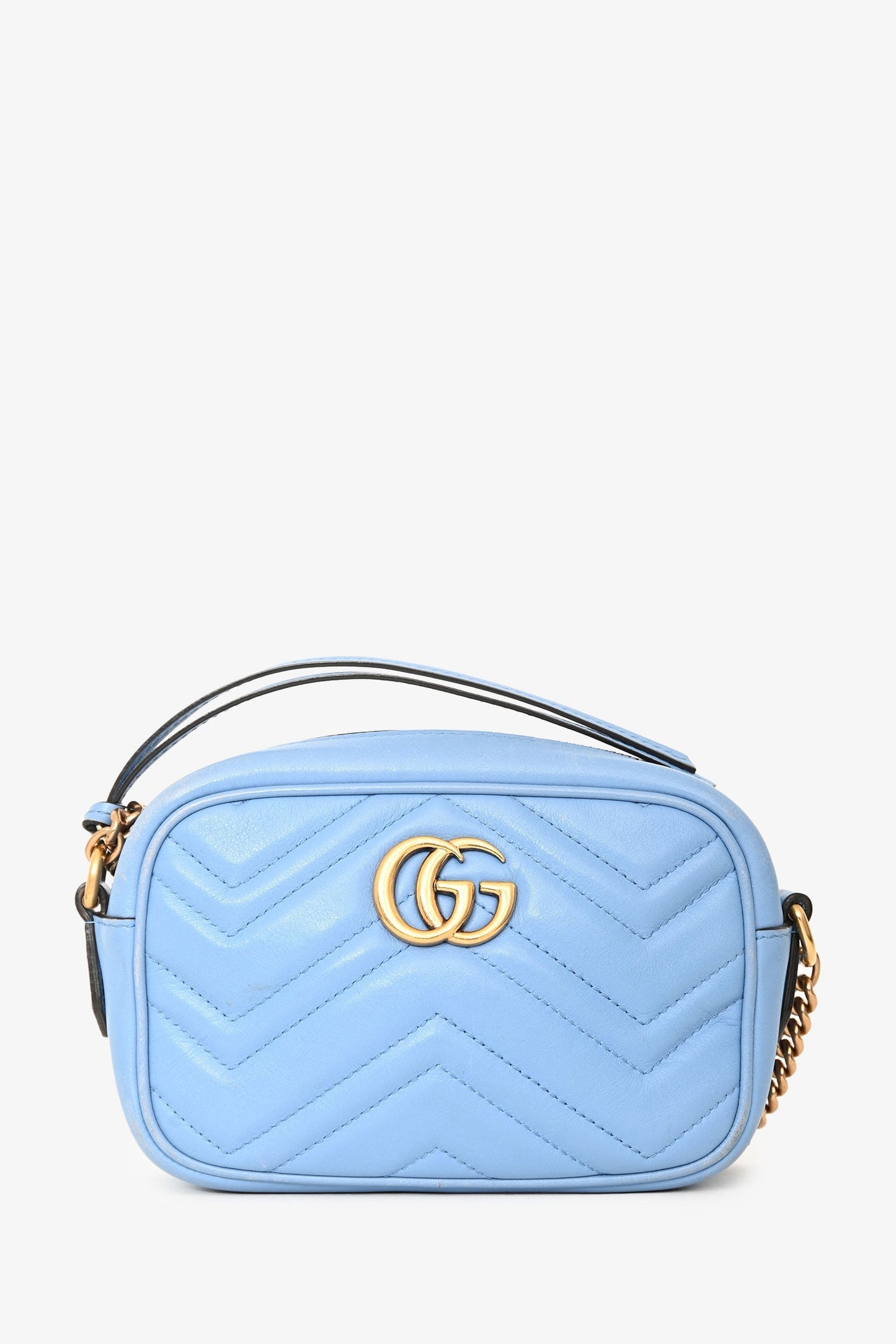 Gucci Light Blue Leather Chevron Quilted Mini GG Marmont Crossbody Bag