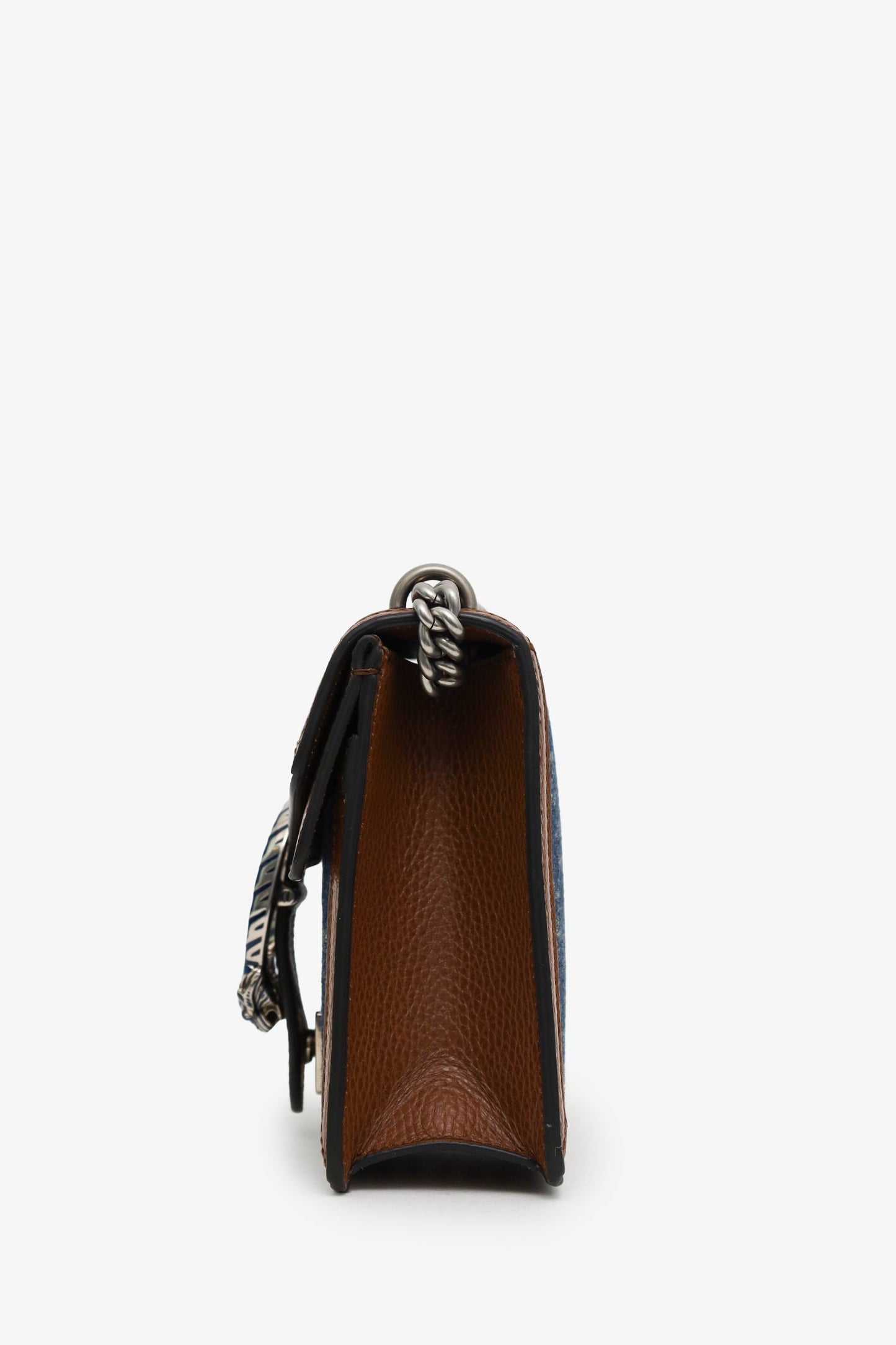 Gucci Blue Denim GG Brown Leather Trim Mini Dionysus Chain Bag