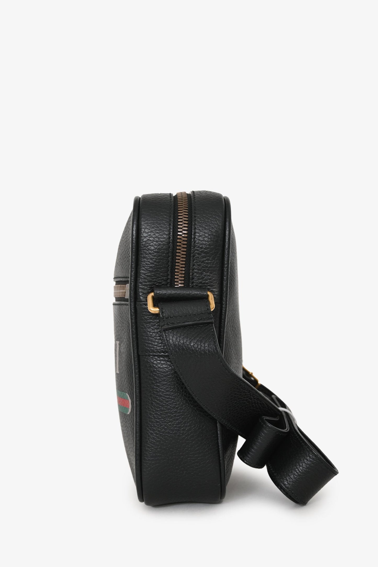 Gucci Black Leather Web Logo Print Messenger Bag