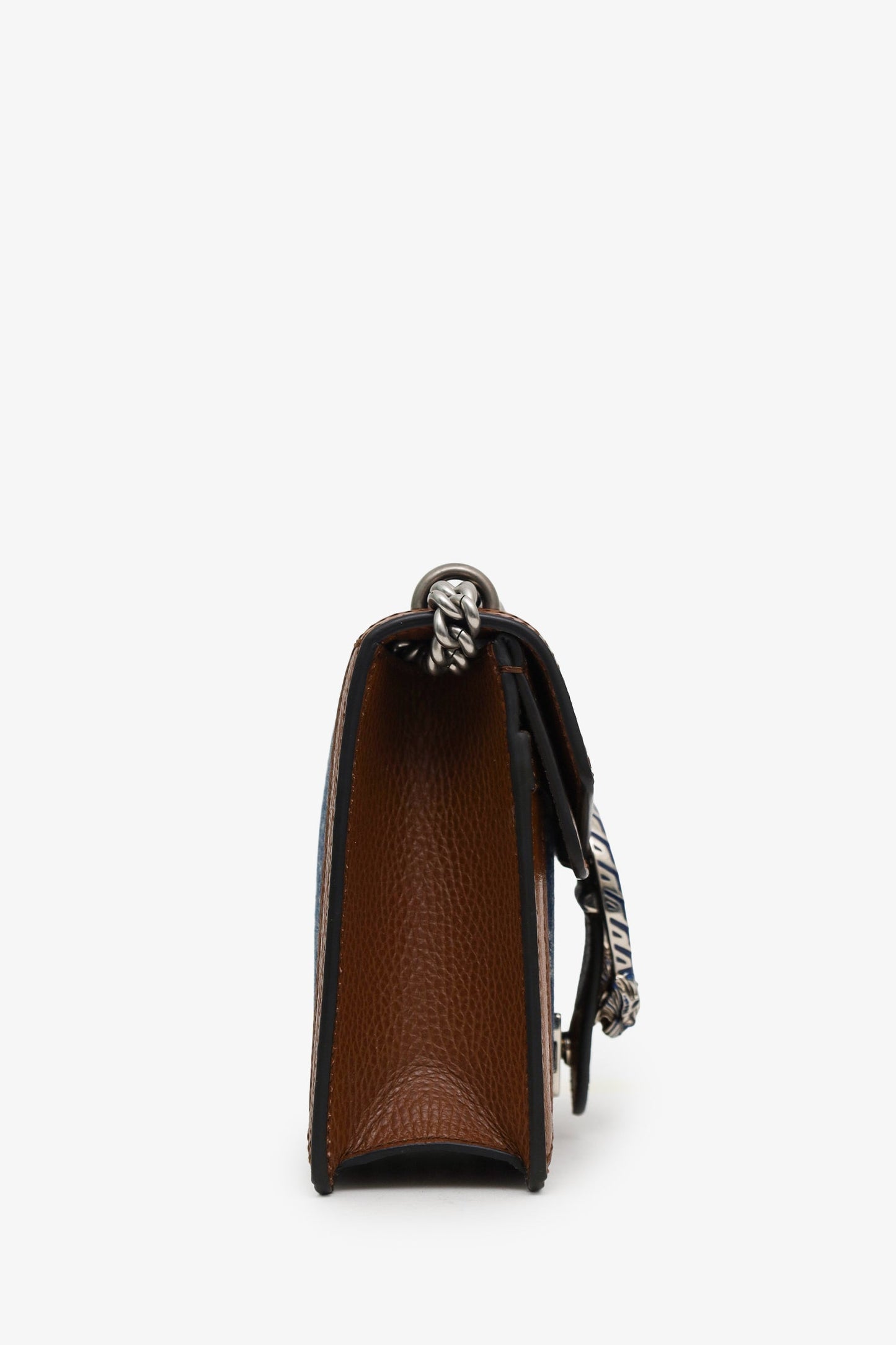 Gucci Blue Denim GG Brown Leather Trim Mini Dionysus Chain Bag