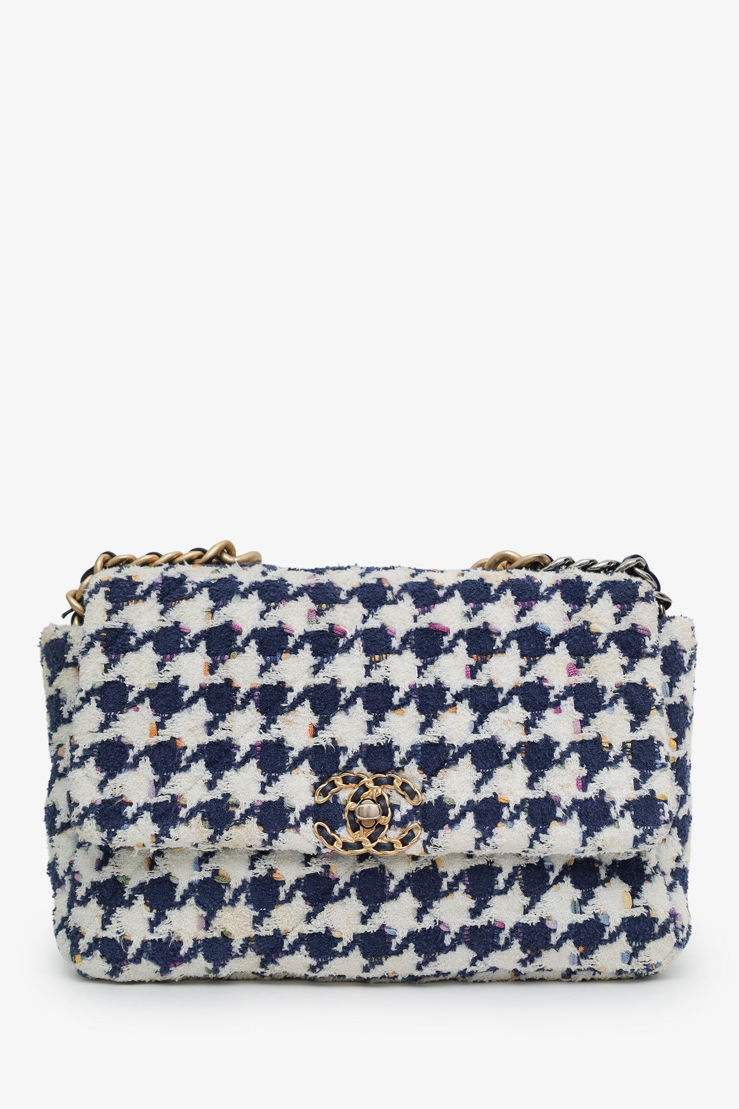 Chanel™ Blue Houndstooth Tweed Medium 19 Flap Bag