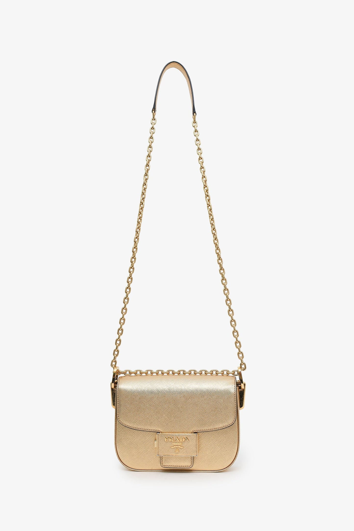 Prada Gold Metallic Saffiano Lux Embleme Flap Shoulder Bag
