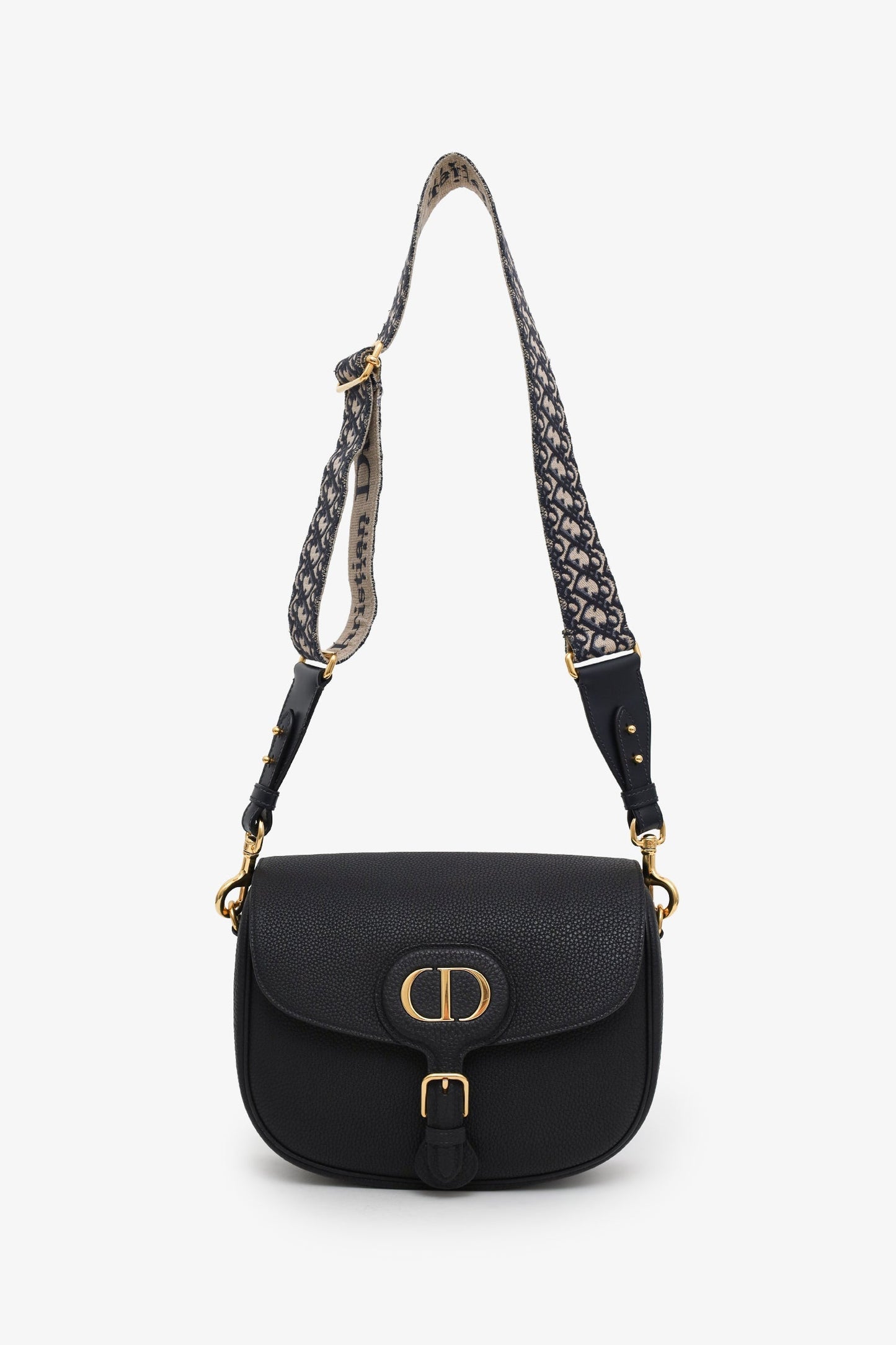 Christian Dior 2024 Black Leather Medium Bobby Oblique Canvas Strap Crossbody Bag