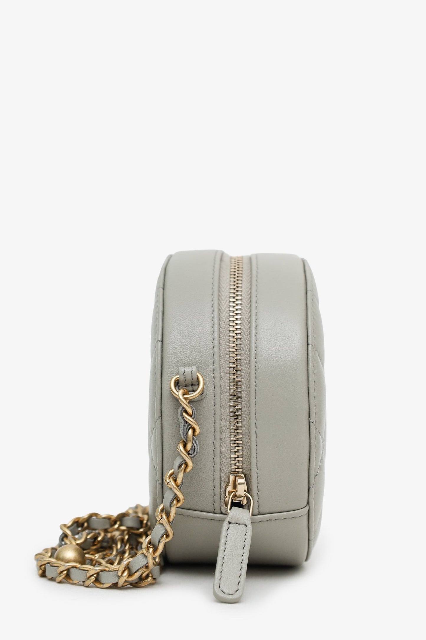 Chanel™ 2021 Grey Quilted Leather Pearl Crush Round Clutch Bag