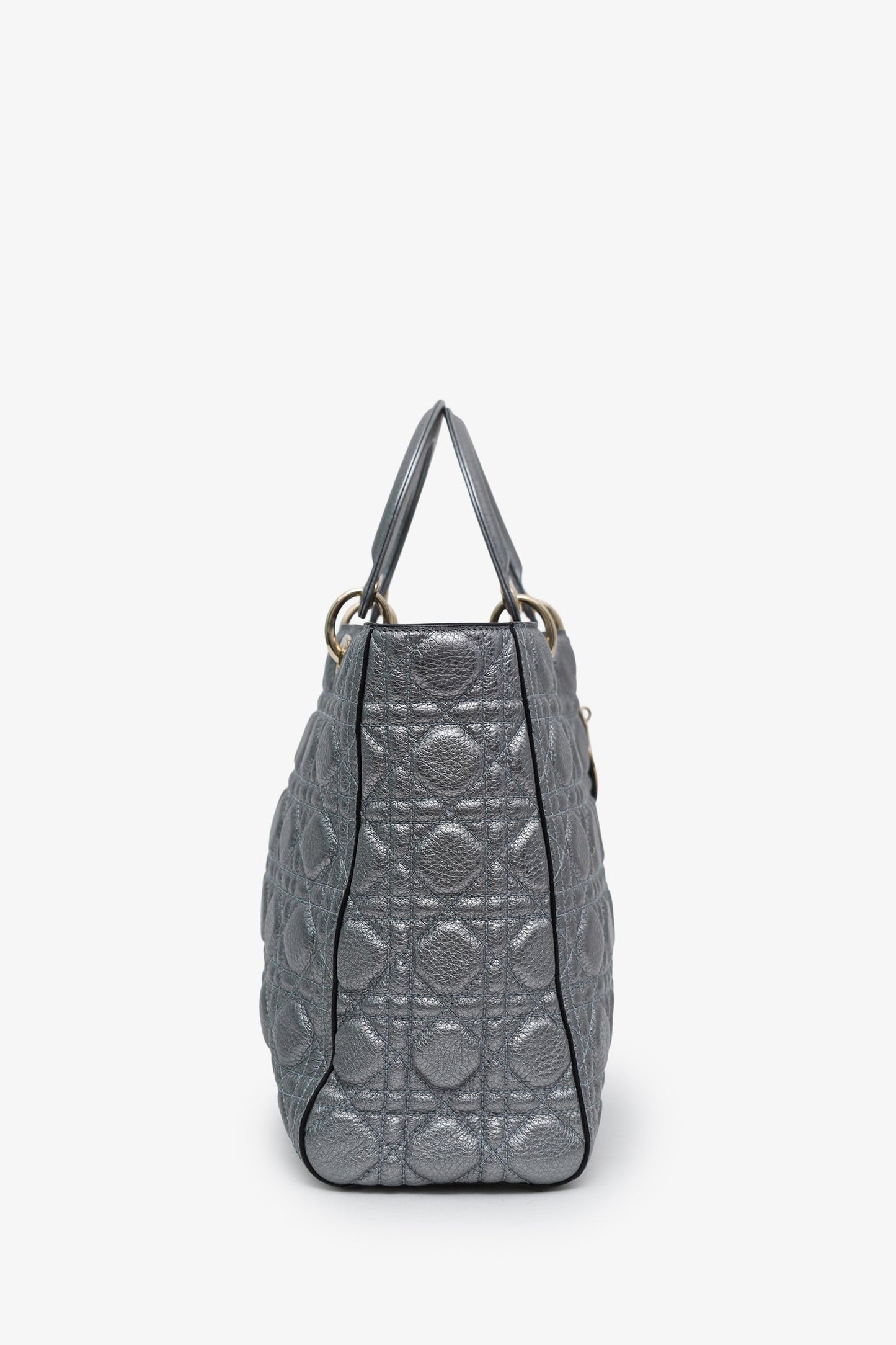 Christian Dior Silver Metallic Leather Large Lady Dior Bag With Strap