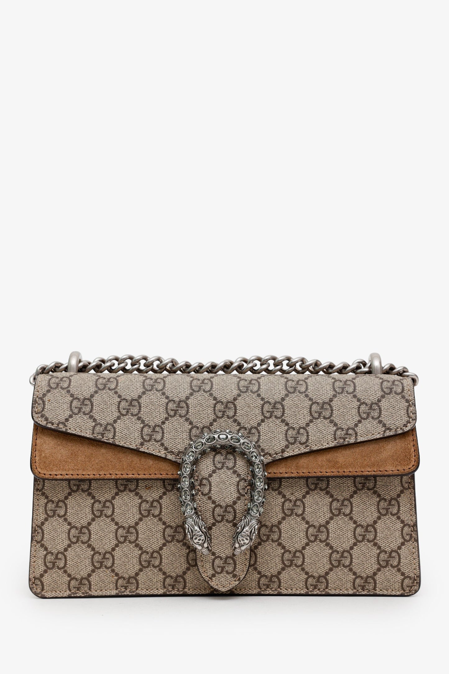 Gucci Beige GG Supreme Monogram Suede Crystal Small Dionysus Shoulder Bag