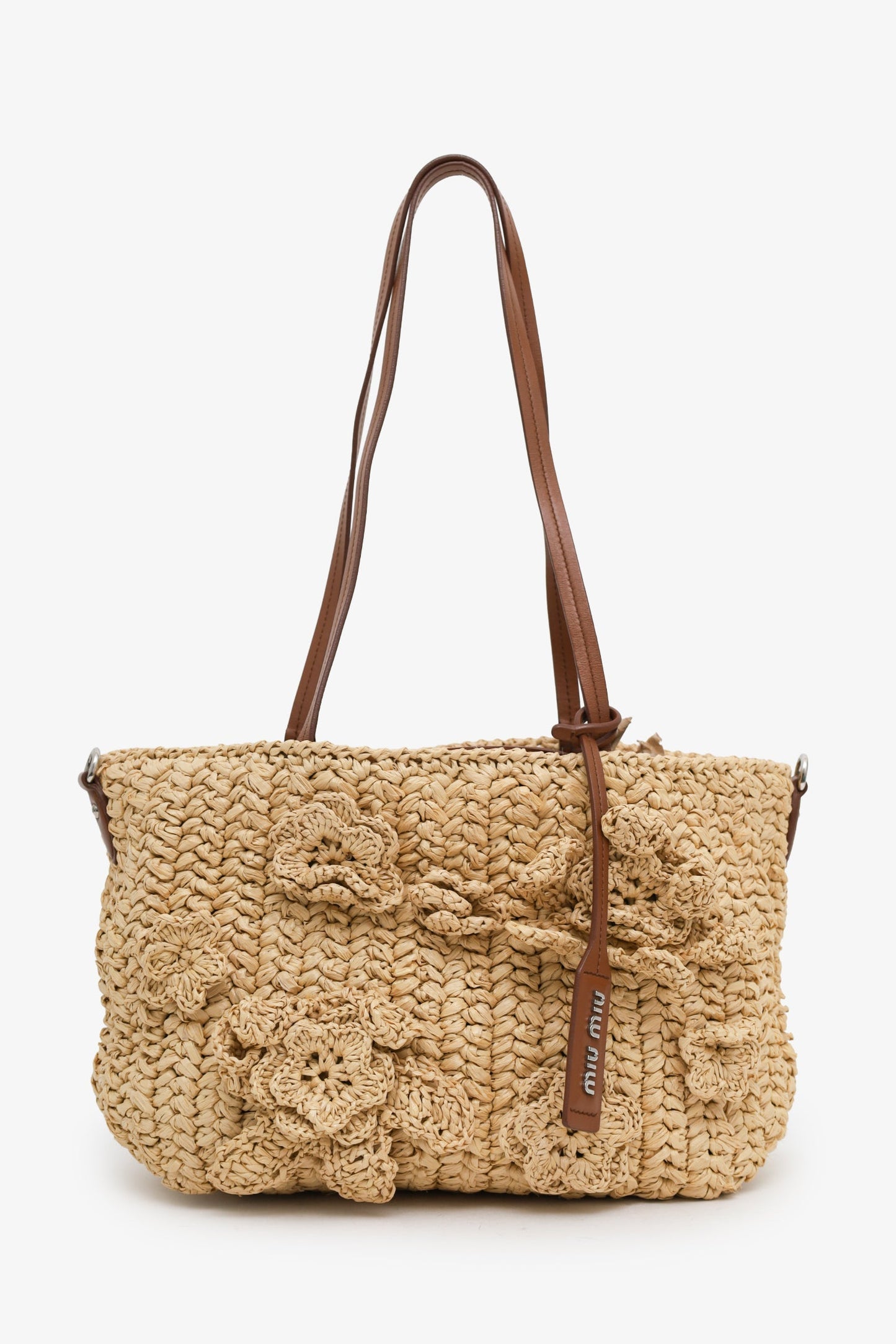 Miu Miu Beige Raffia Floral Tote Bag