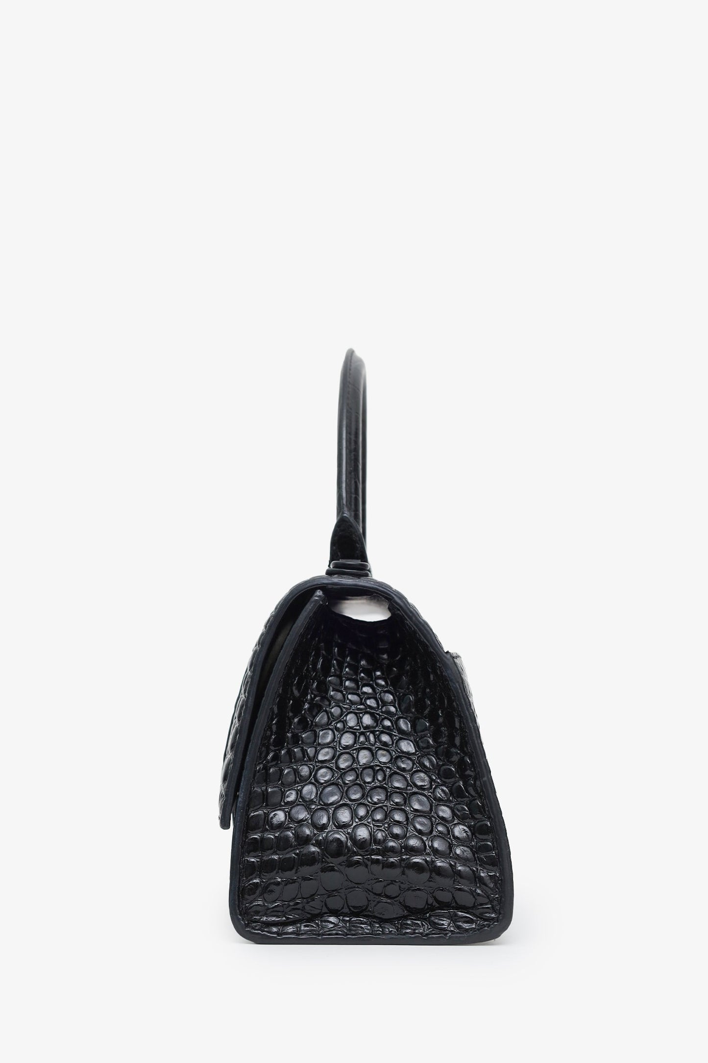 Balenciaga Black Croc Embossed Small Hourglass Top Handle Bag With Strap