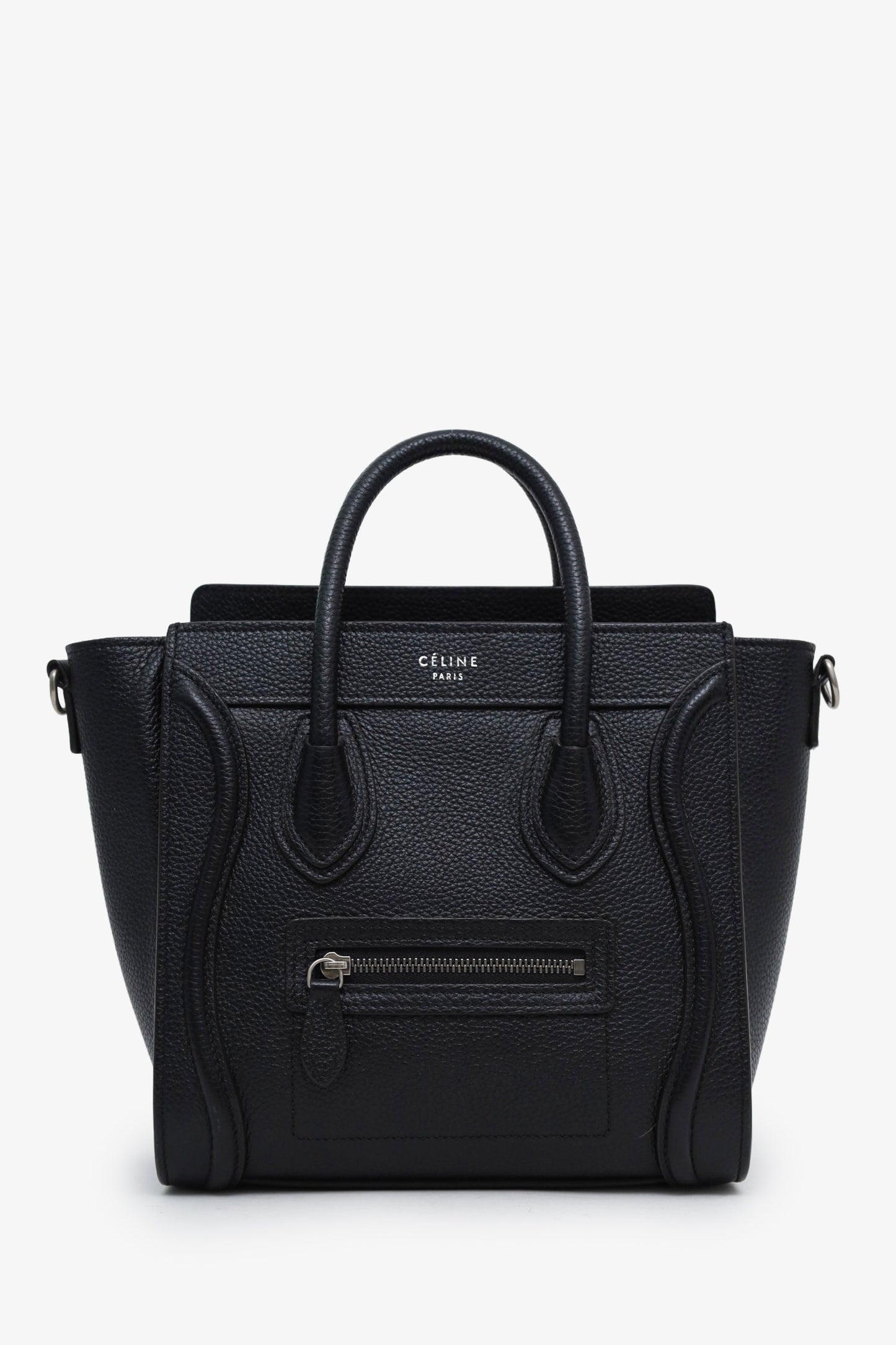 Celine Black Leather Nano Luggage Bag with Strap