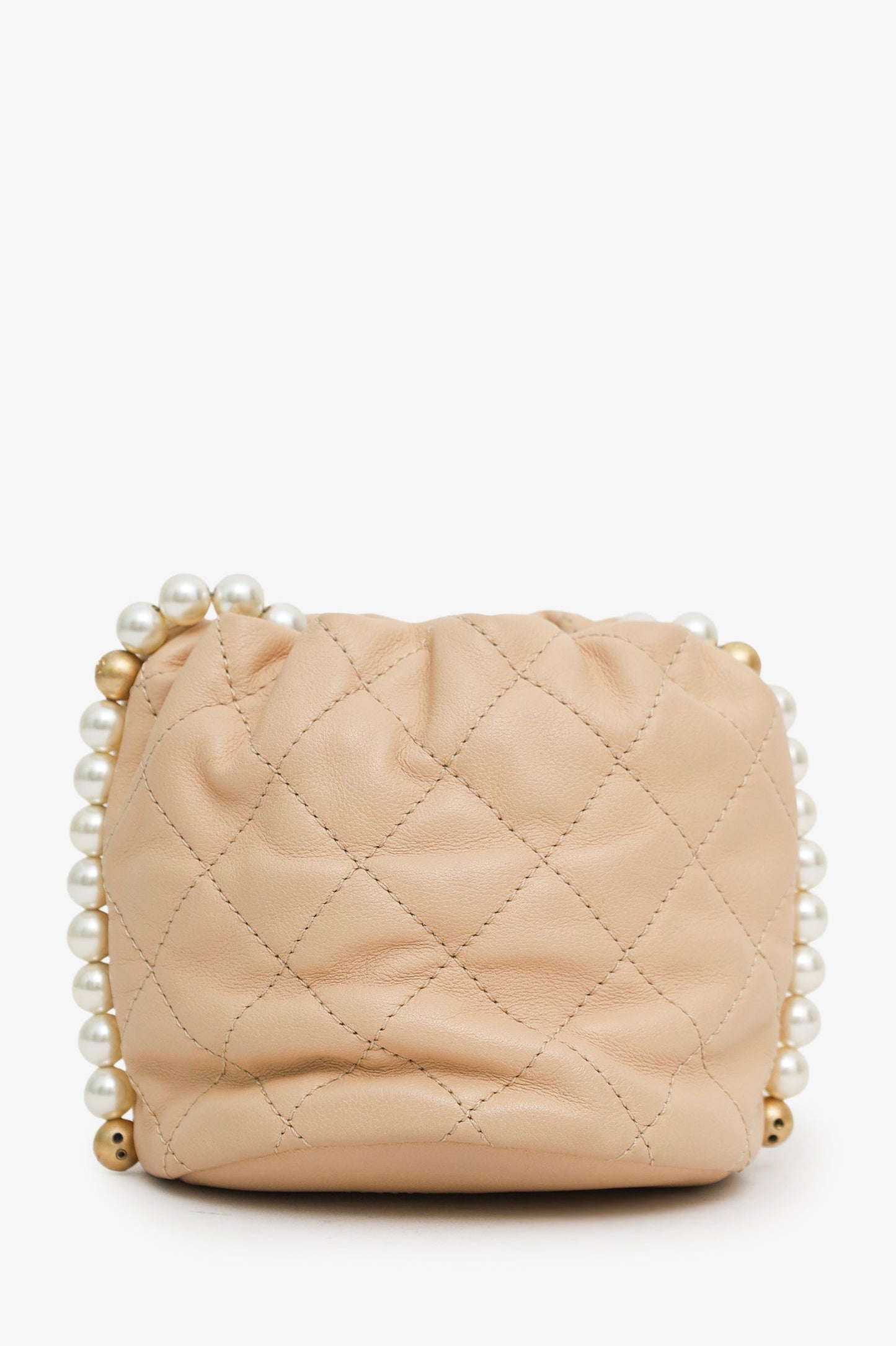 Chanel™ 2021 Beige Leather Mini About Pearls Drawstring Bucket Bag