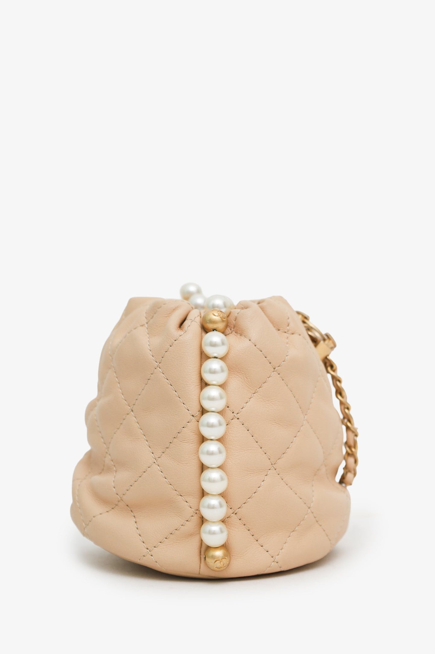 Chanel™ 2021 Beige Leather Mini About Pearls Drawstring Bucket Bag