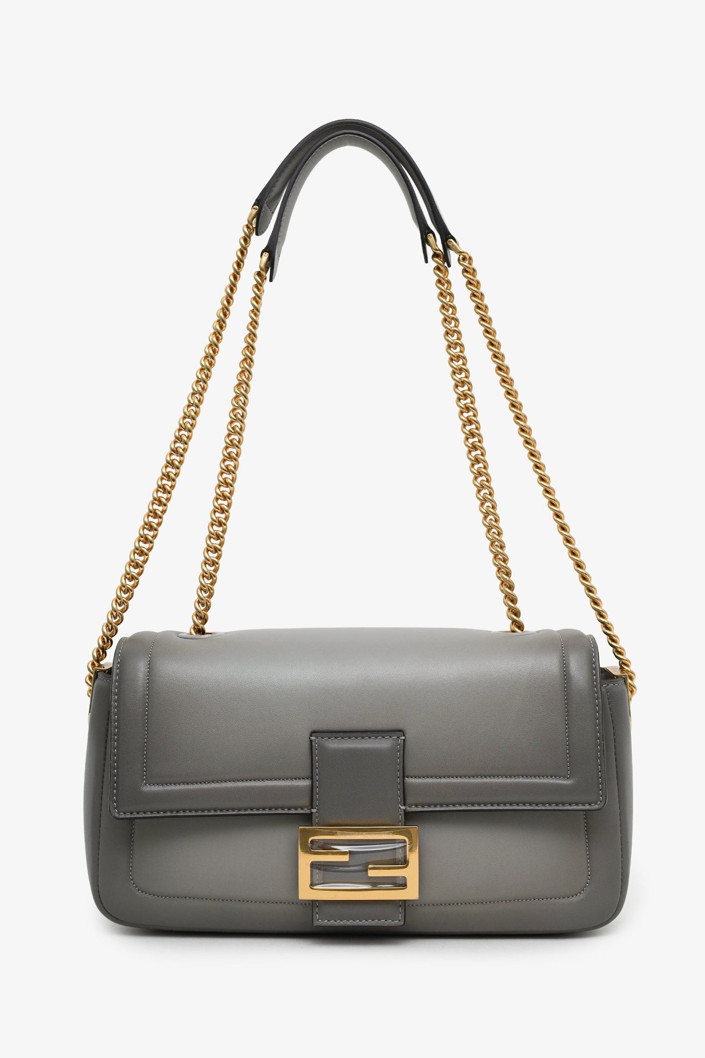 Fendi Grey Leather Baguette Chain Midi Shoulder Bag GHW