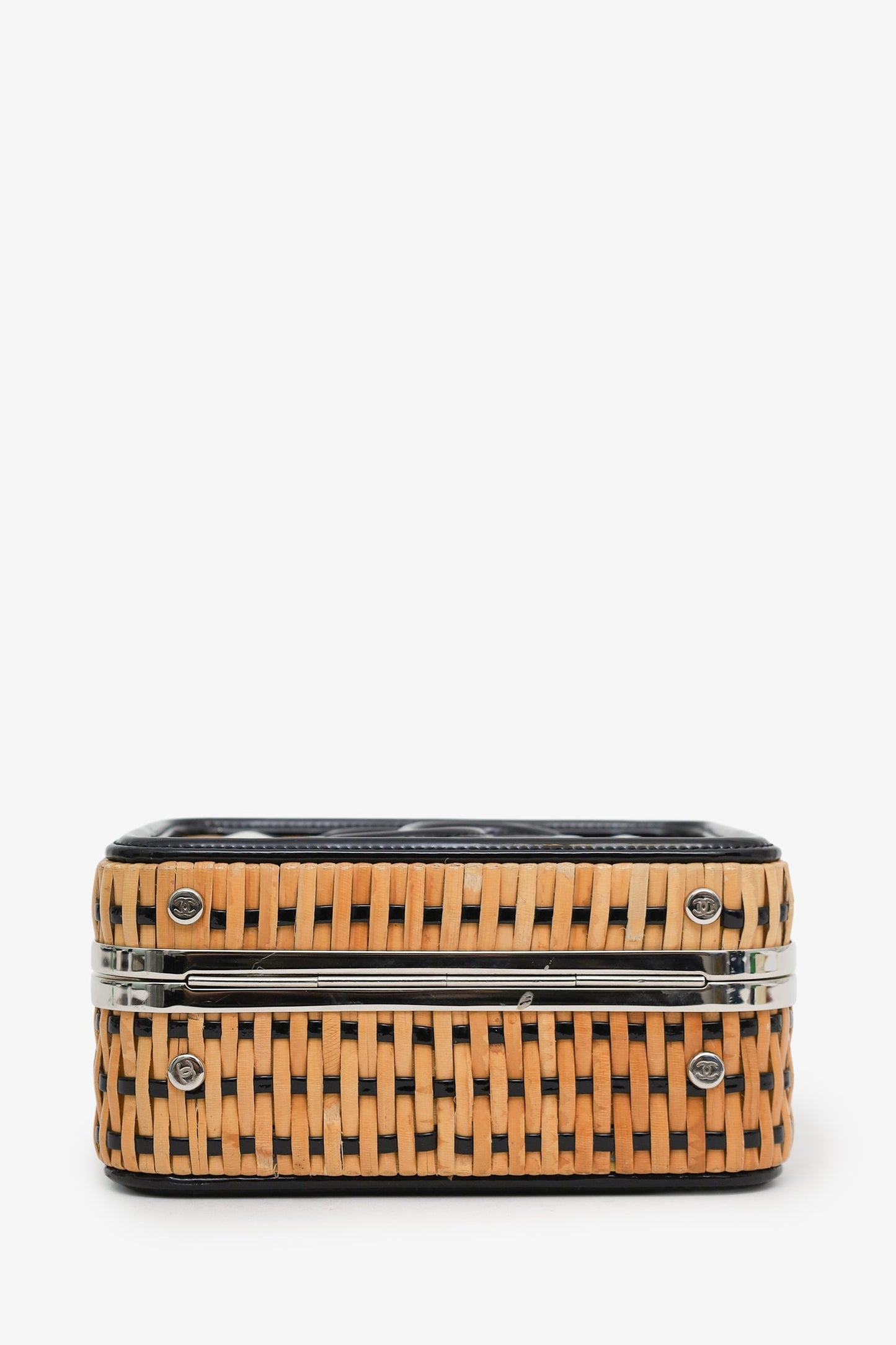 Chanel™ 2019 Black/Beige Raffia Patent Small CC Filigree Vanity Case