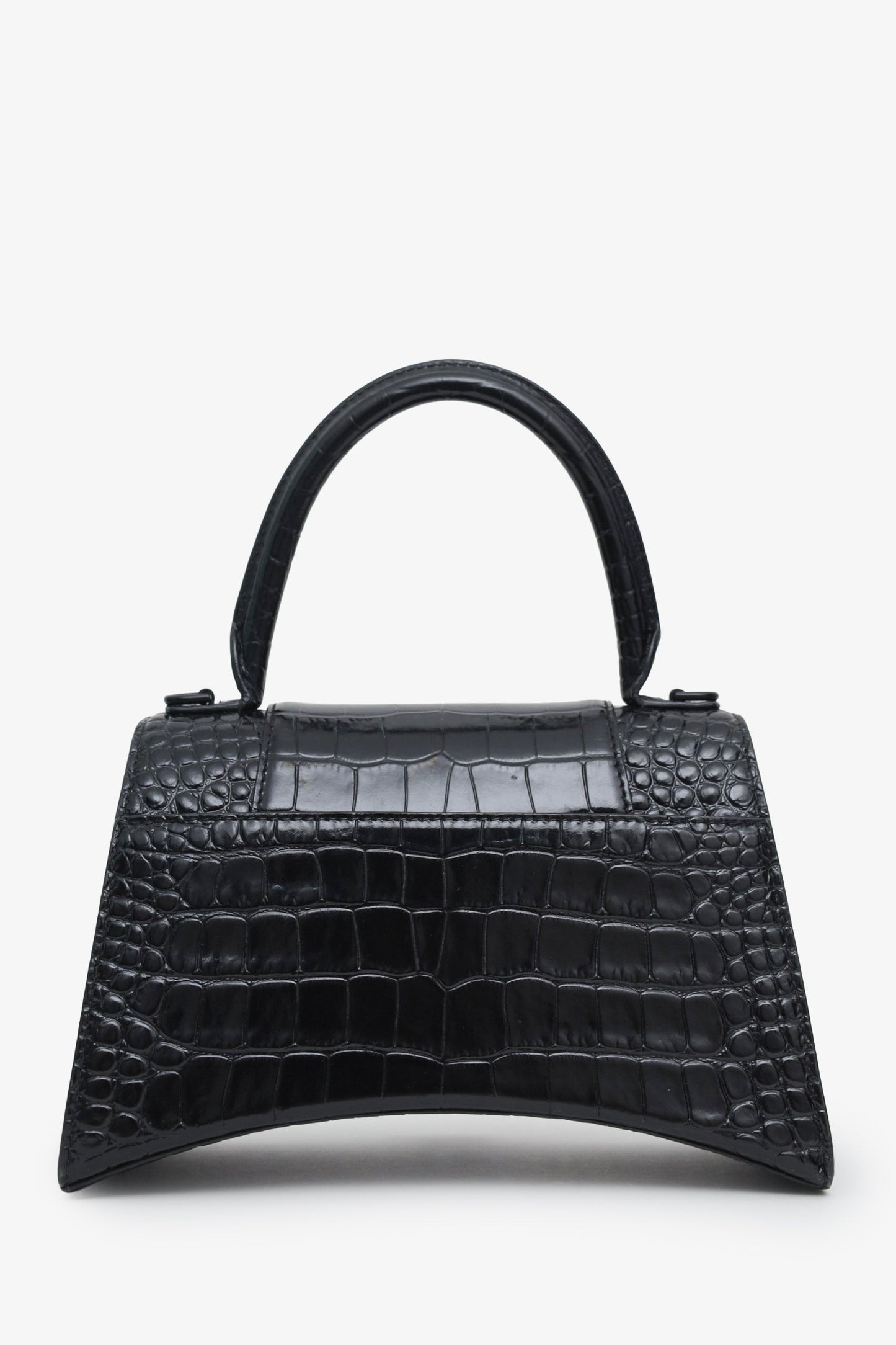 Balenciaga Black Croc Embossed Small Hourglass Top Handle Bag With Strap