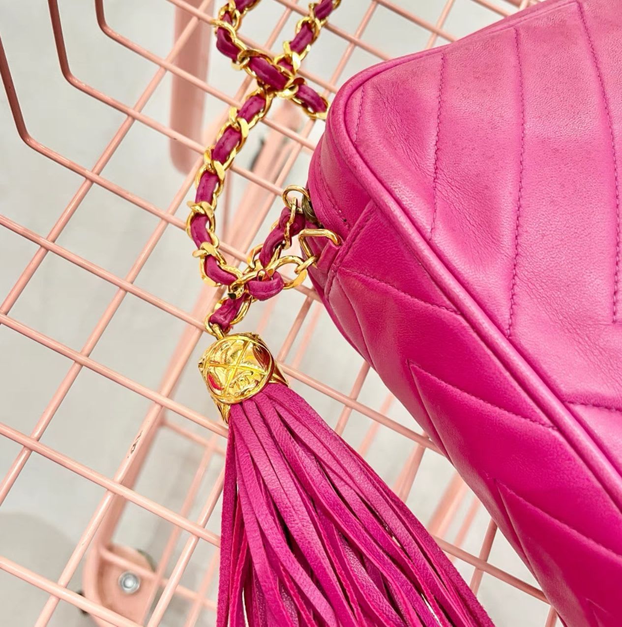 Chanel rose red lambskin tassel bag