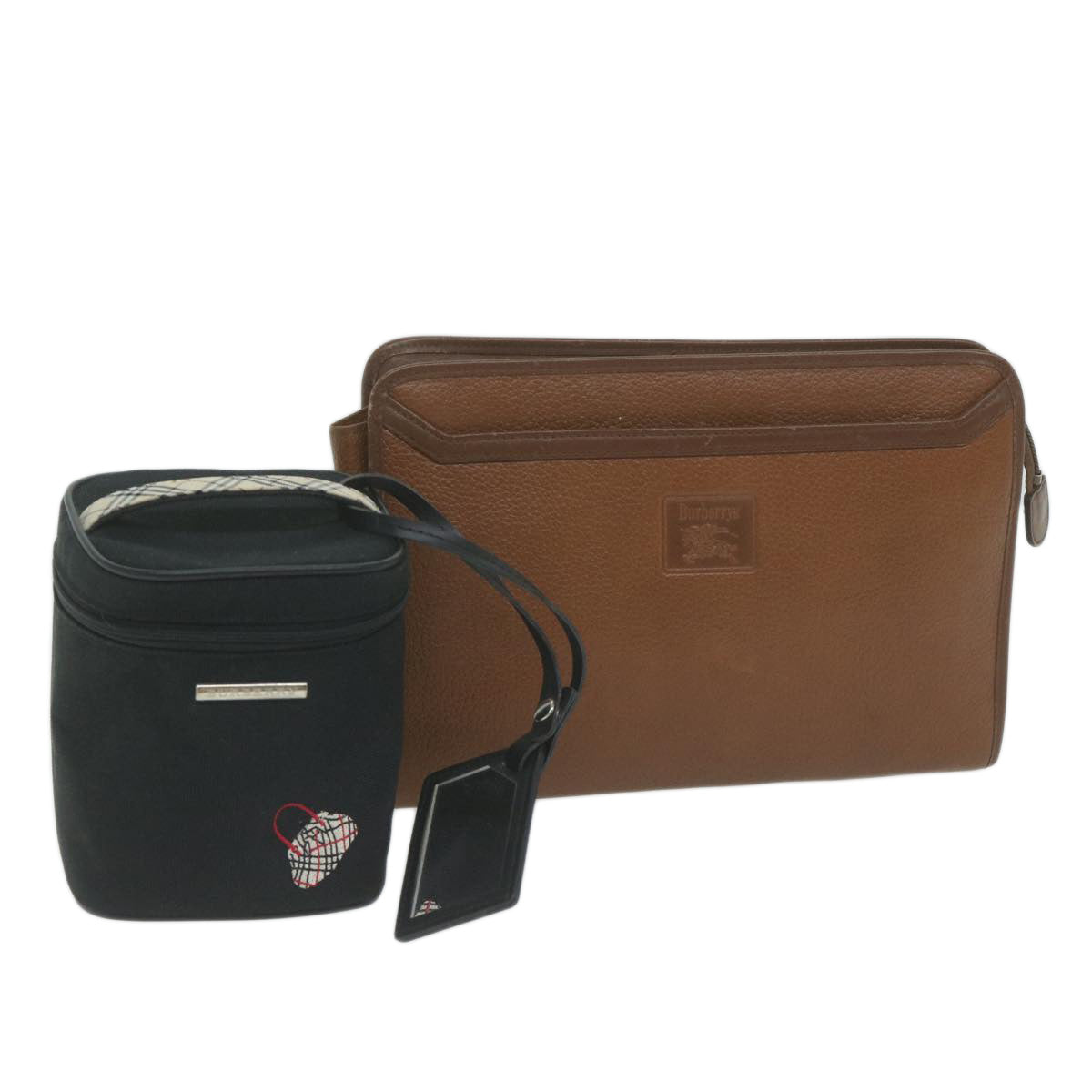 Luxury Burberry s Cosmetic Clutch Bag Leather 2Set Black Brown Auth fm3179