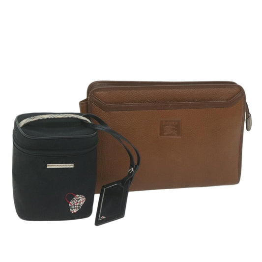 Luxury Burberry s Cosmetic Clutch Bag Leather 2Set Black Brown Auth fm3179