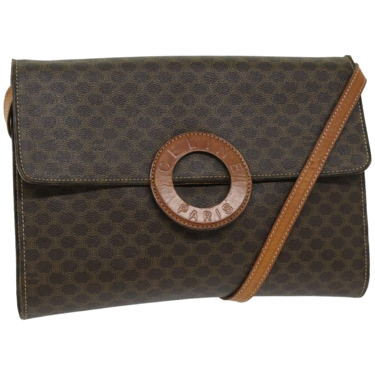 Luxury CELINE Macadam Canvas Circle Shoulder Bag PVC Leather Brown  fm3202