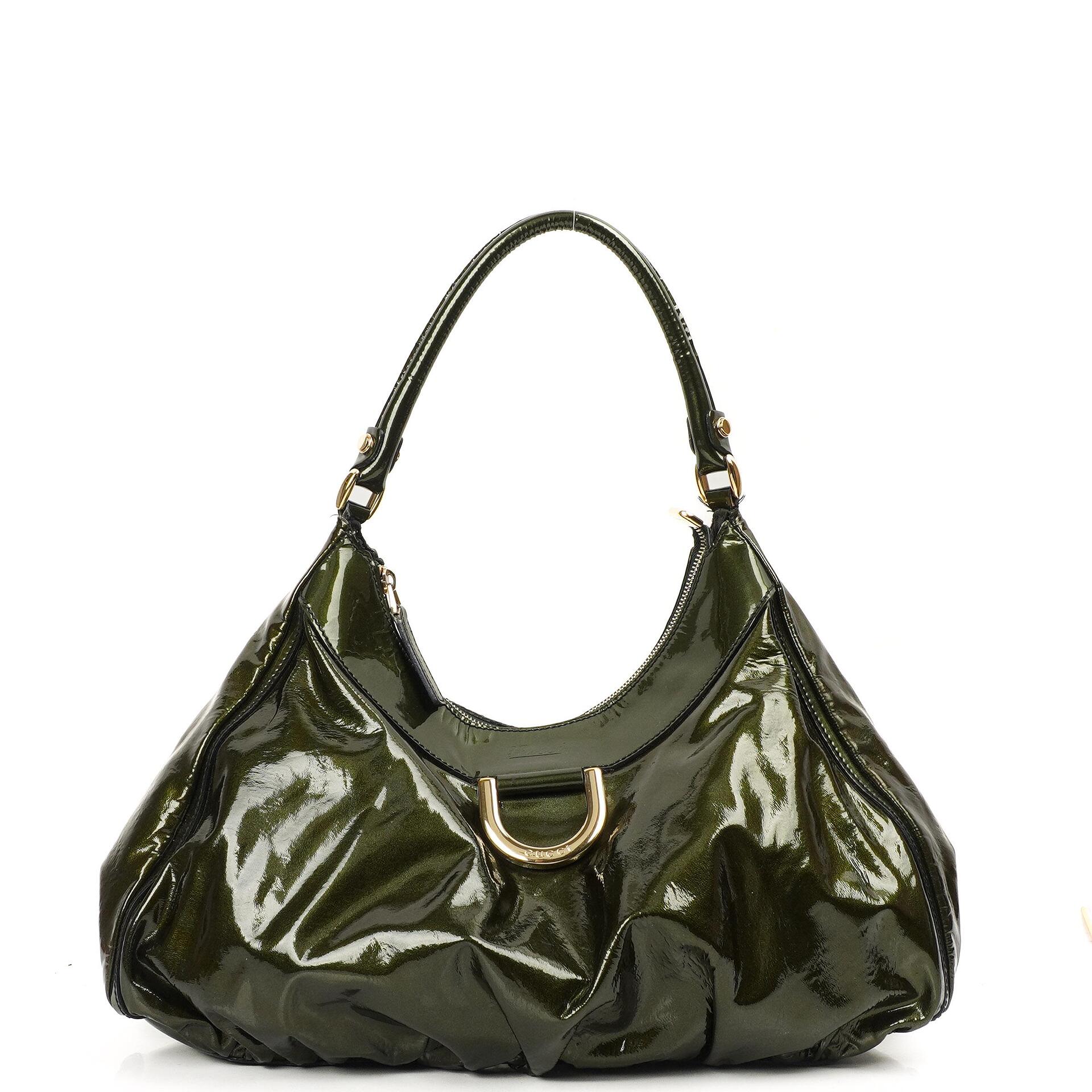 Gucci Abbey D-Ring Olive Green Patent Leather Hobo Bag