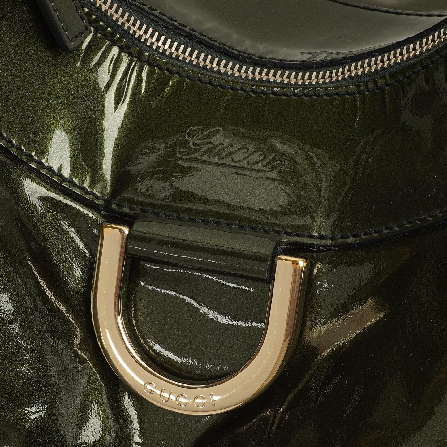 Gucci Abbey D-Ring Olive Green Patent Leather Hobo Bag